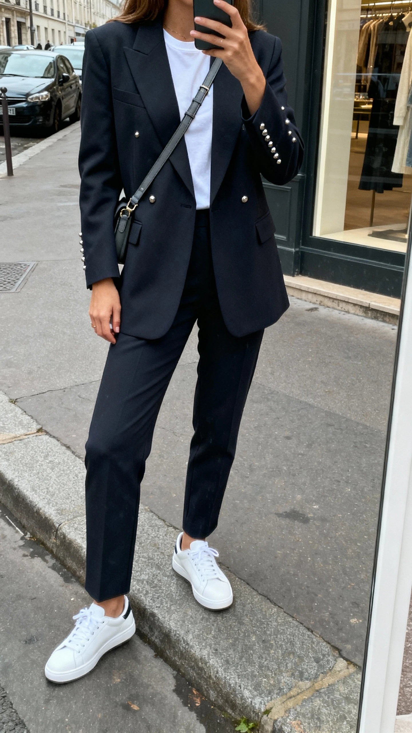 iPhone street-mirror storefront selfie of a woman in a modern suit (tailored blazer and matching trousers) with clean white sneakers, tee underneath, crossbody bag, subtle studs, face not visible, overcast daylight, natural iPhone photo quality.