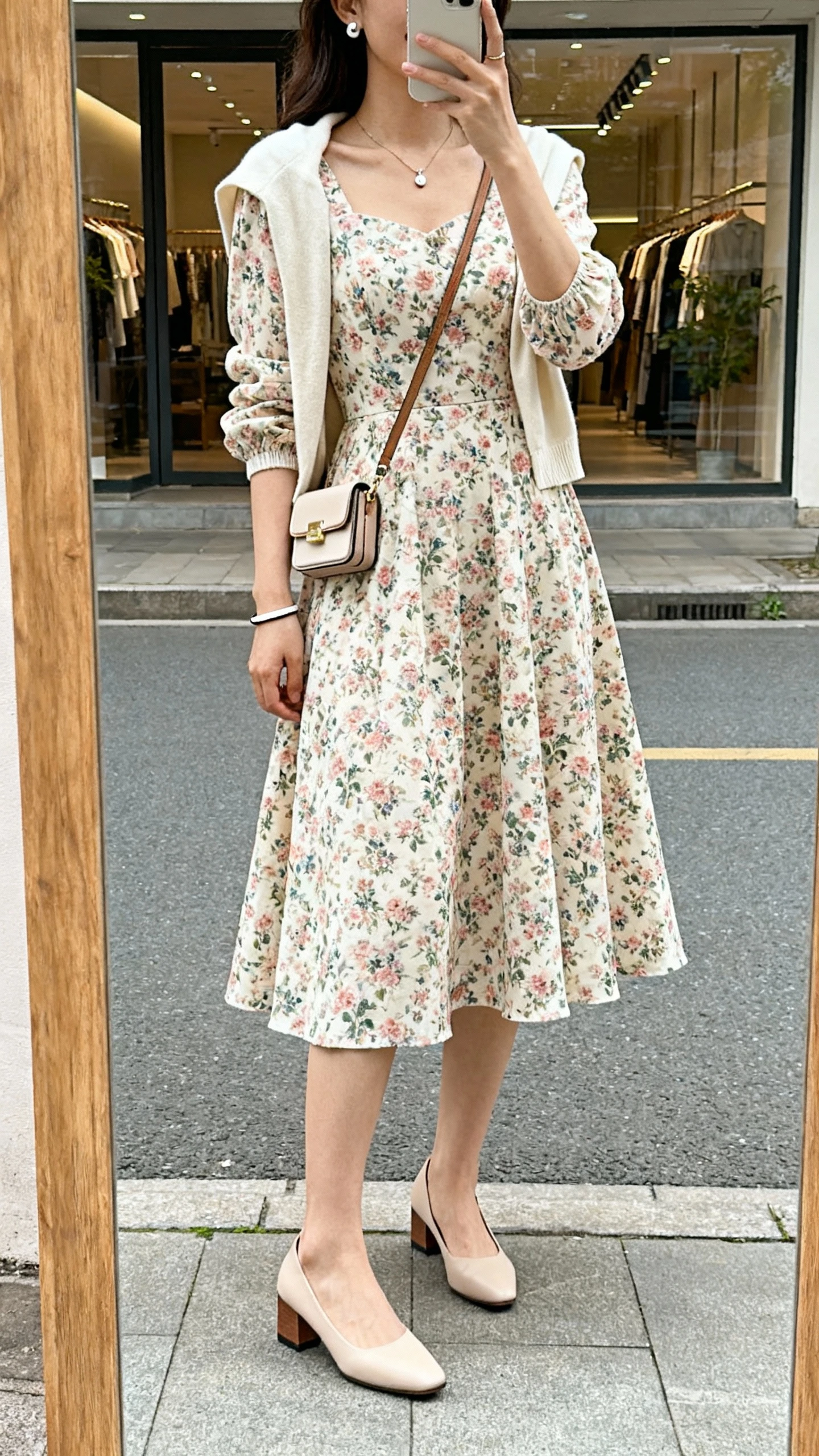 iPhone street-mirror storefront selfie of a woman wearing a floral fit-and-flare day dress with elbow sleeves, low block heels, lightweight cardigan over shoulders, small pendant with studs and slim bracelet, compact crossbody; face not visible, natural daylight, realistic iPhone photo.
