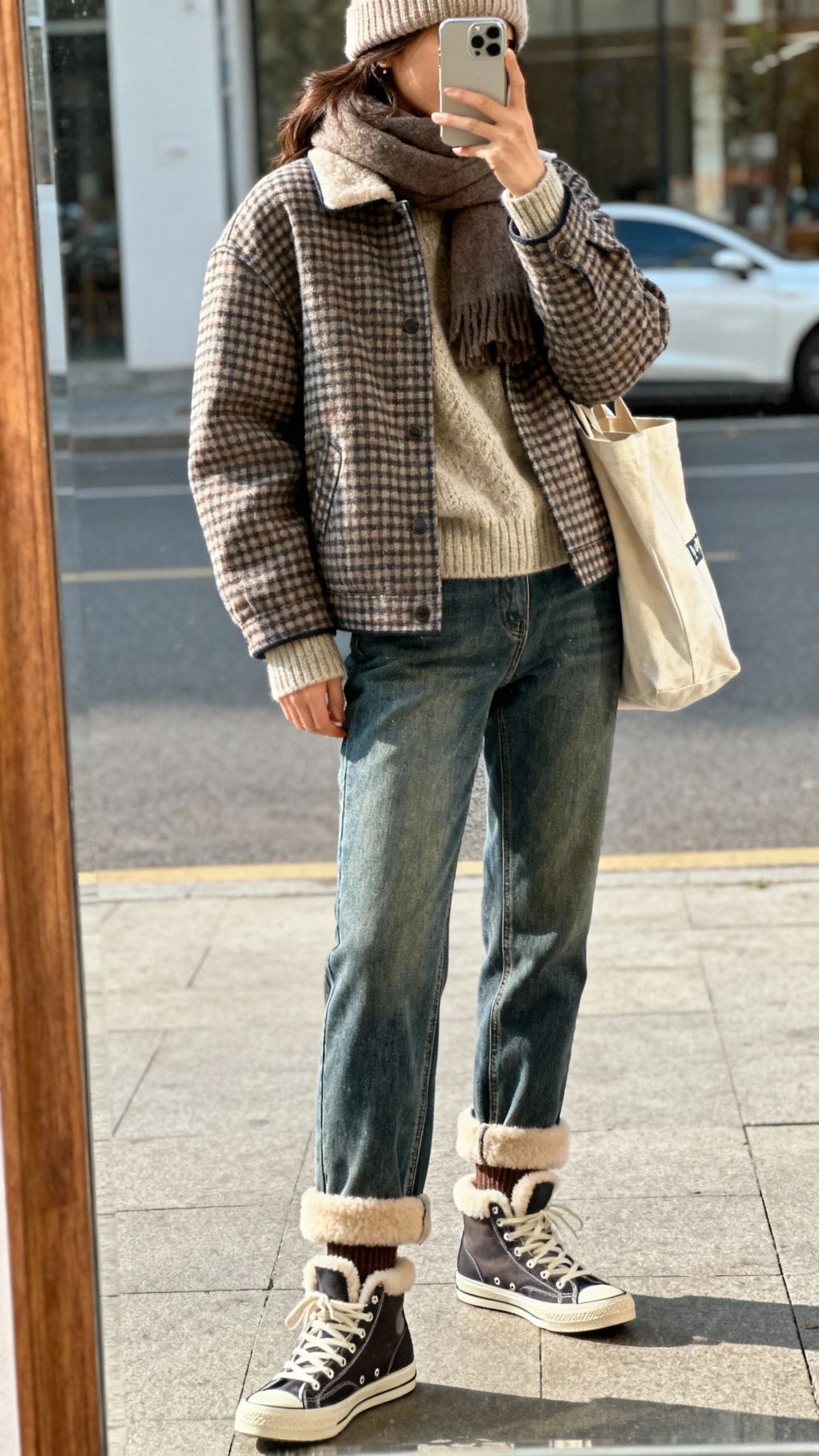 iPhone street mirror-window selfie of a woman in a wool-blend check shacket over a chunky crewneck sweater, mid-wash straight-leg jeans, shearling-lined high-top sneakers with thick socks, cozy beanie and scarf, and a casual tote bag; side angle, face not visible, afternoon daylight, natural iPhone photo quality.