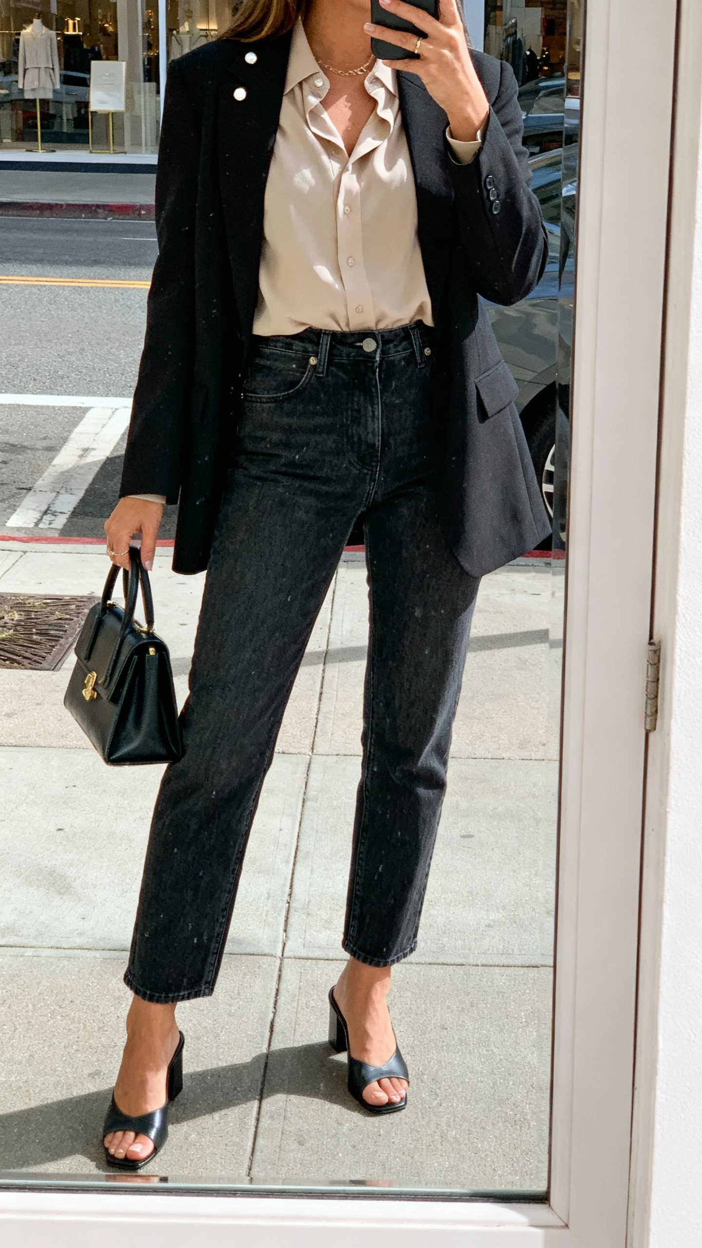 iPhone street-side mirror reflection (shop window) selfie of a woman in elevated dark-wash jeans, a refined blouse, blazer, low heeled mules, structured handbag, simple studs, face not visible, natural daylight, casual iPhone photo.