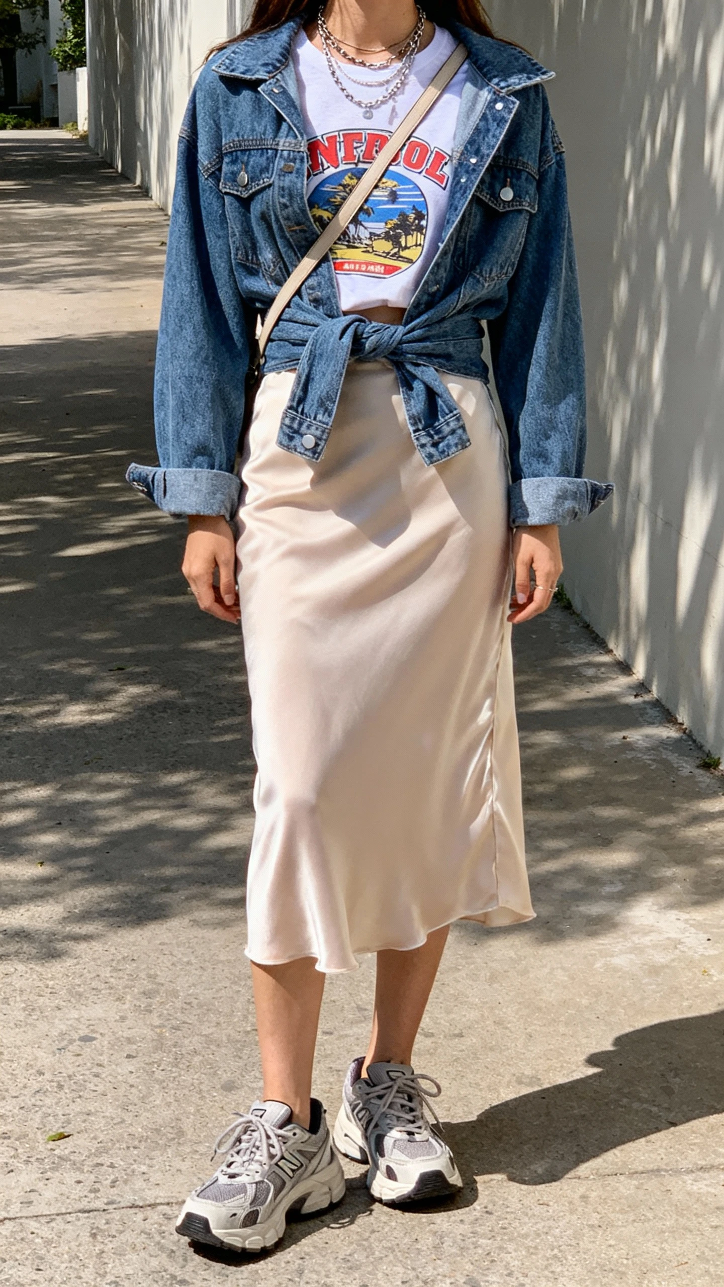 iPhone street-side selfie cropped at shoulders showing a woman in a midi slip skirt with a tucked graphic tee, denim jacket tied at waist, chunky sneakers, layered necklaces, and a crossbody, face not visible, shaded outdoor daylight, casual iPhone vibe.