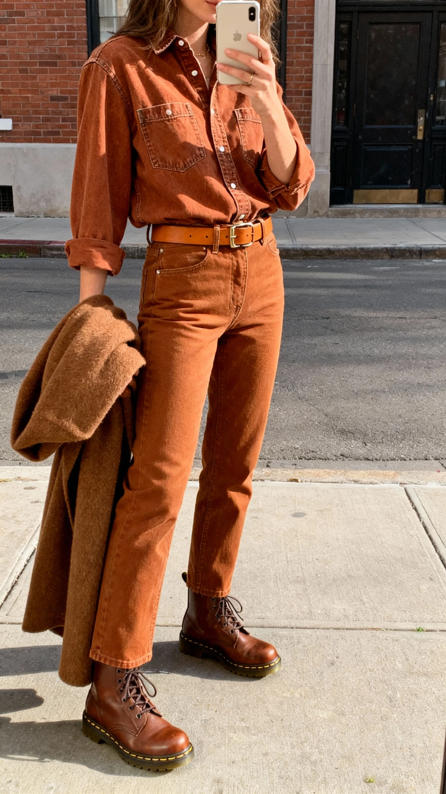 iPhone street-side selfie from the side showing a woman in a warm-toned denim shirt tucked into caramel straight-leg jeans, brown Doc Martens, tan belt, and a brown wool coat draped over her arm; face not visible, natural daylight, casual iPhone aesthetic.