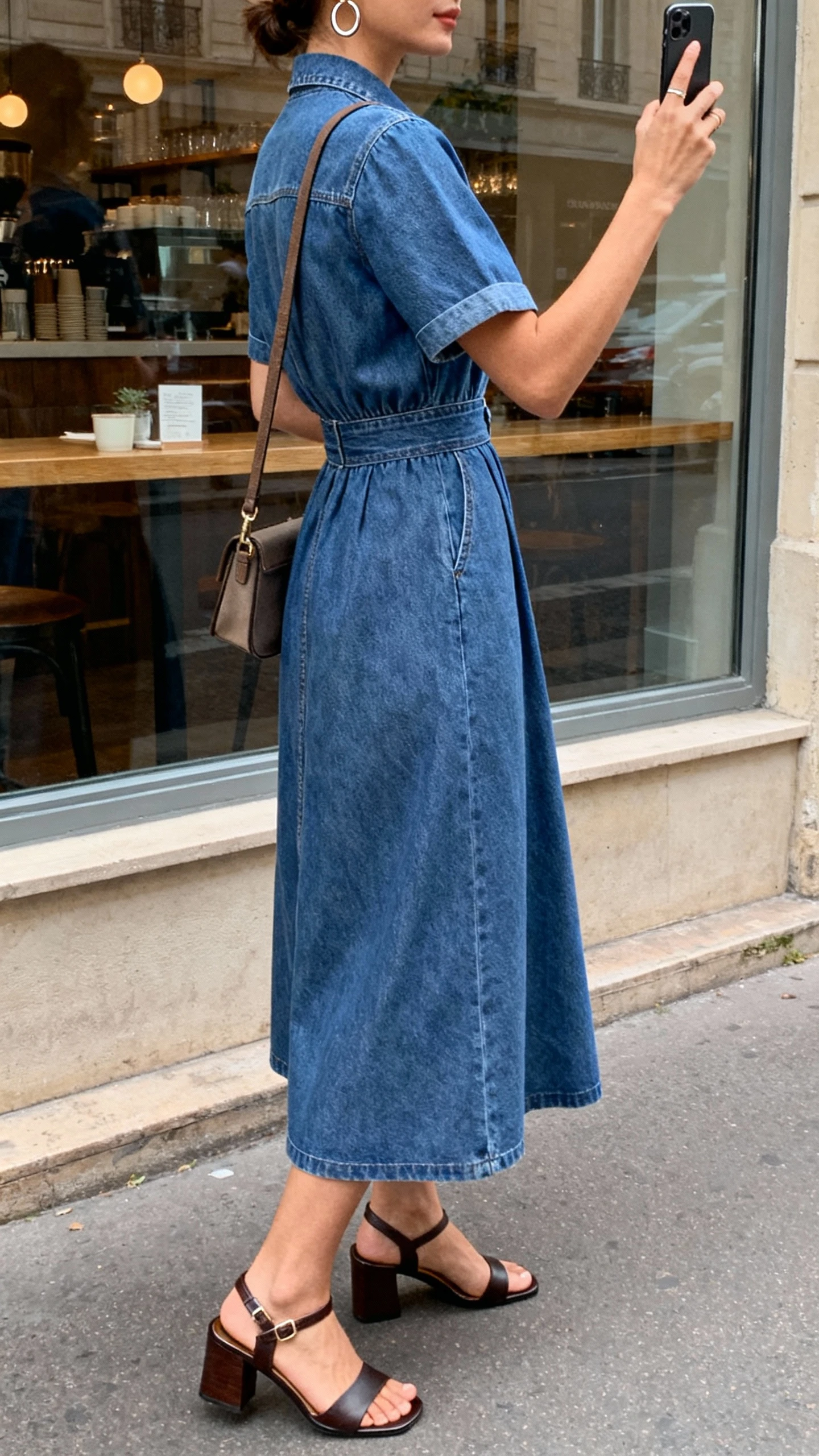 iPhone street-side selfie (side angle) of a woman in a denim midi dress with a defined waist, block-heel sandals, hoop earrings, crossbody bag; face not visible, natural daylight near a cafe window reflection, natural iPhone photo quality