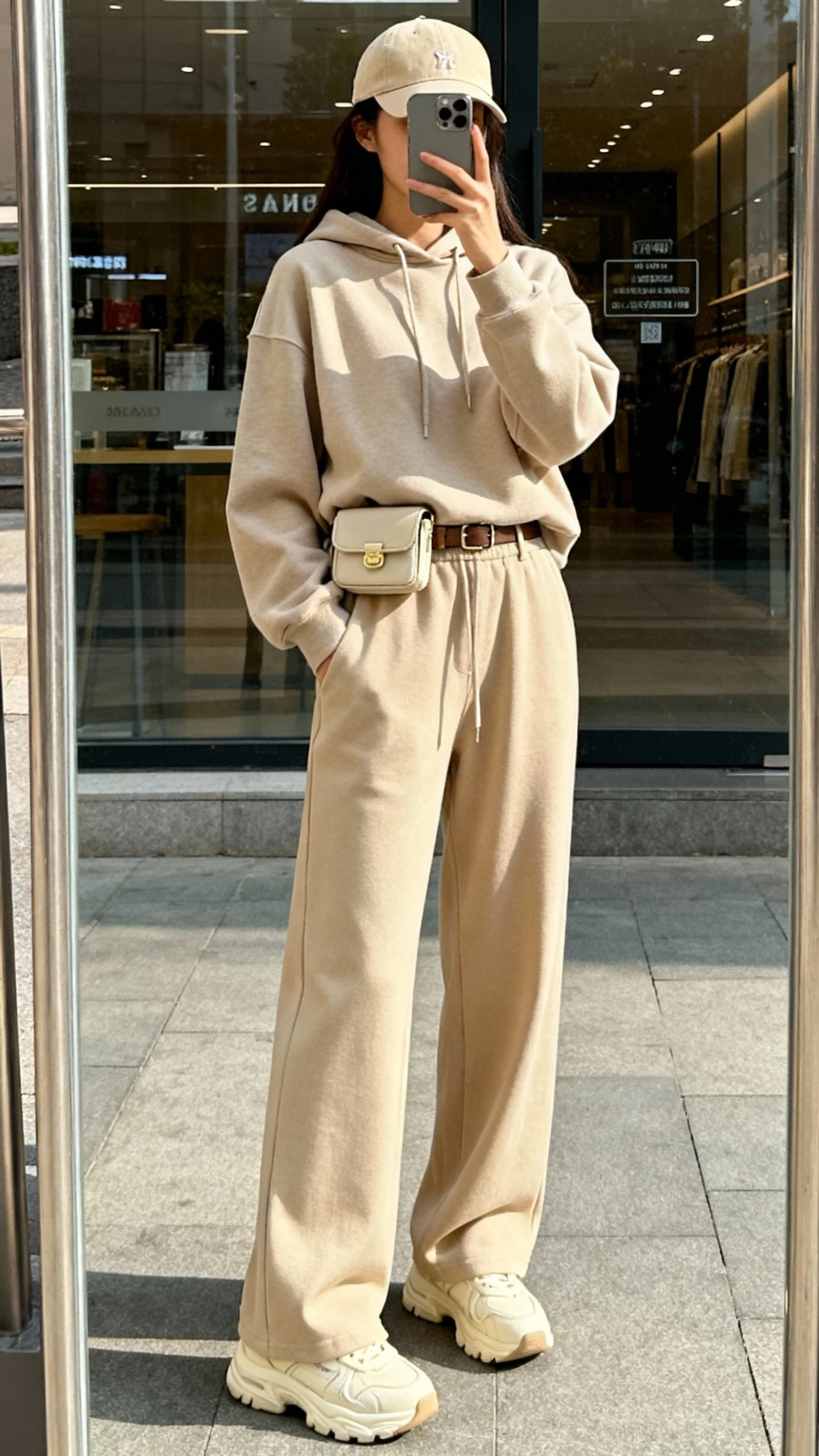 iPhone urban mirror selfie (storefront reflection) of a woman in beige-on-beige streetwear: sand wide-leg pants, oatmeal hoodie, cream dad sneakers, baseball cap, small belt bag, face not visible, natural daylight, casual iPhone photo.