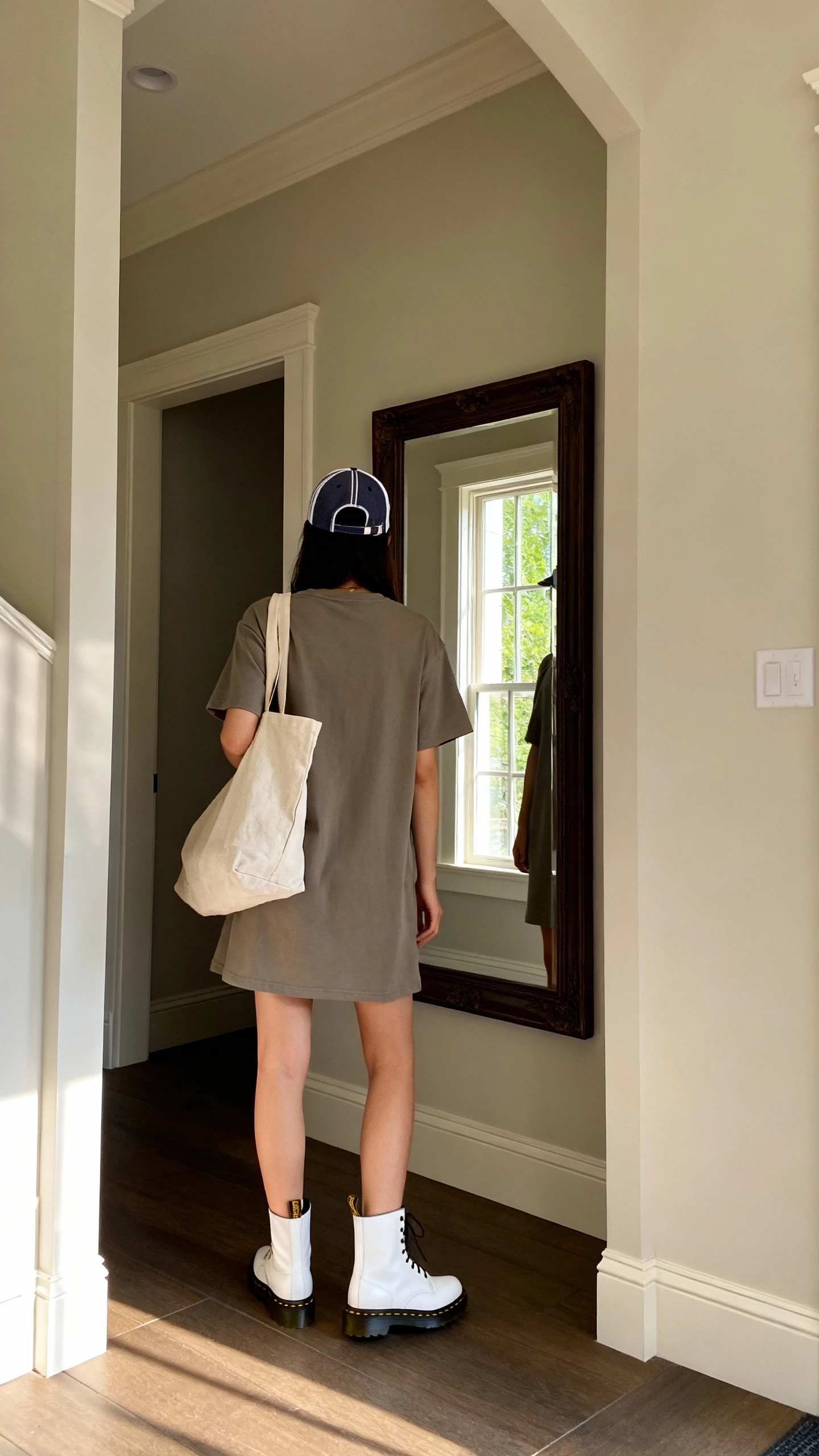 iPhone back-view mirror shot of a woman in a relaxed t-shirt dress with white Doc Martens boots, baseball cap and a canvas tote, face not visible, entryway mirror, daylight from window, iPhone photo quality.