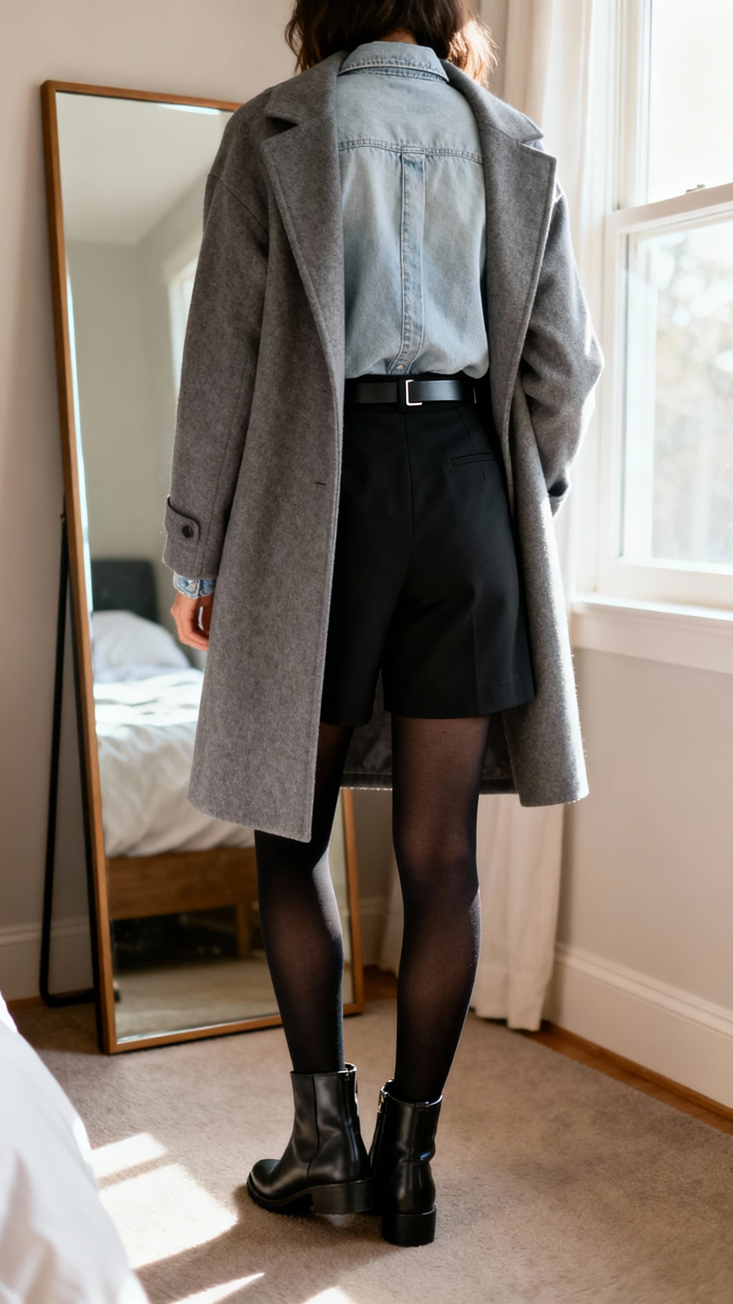 iPhone back view of a woman wearing a grey coat over a light denim shirt, tailored black shorts, black tights, ankle boots, and a minimal belt, face not visible, full-length mirror in bedroom, afternoon window light, iPhone photo quality