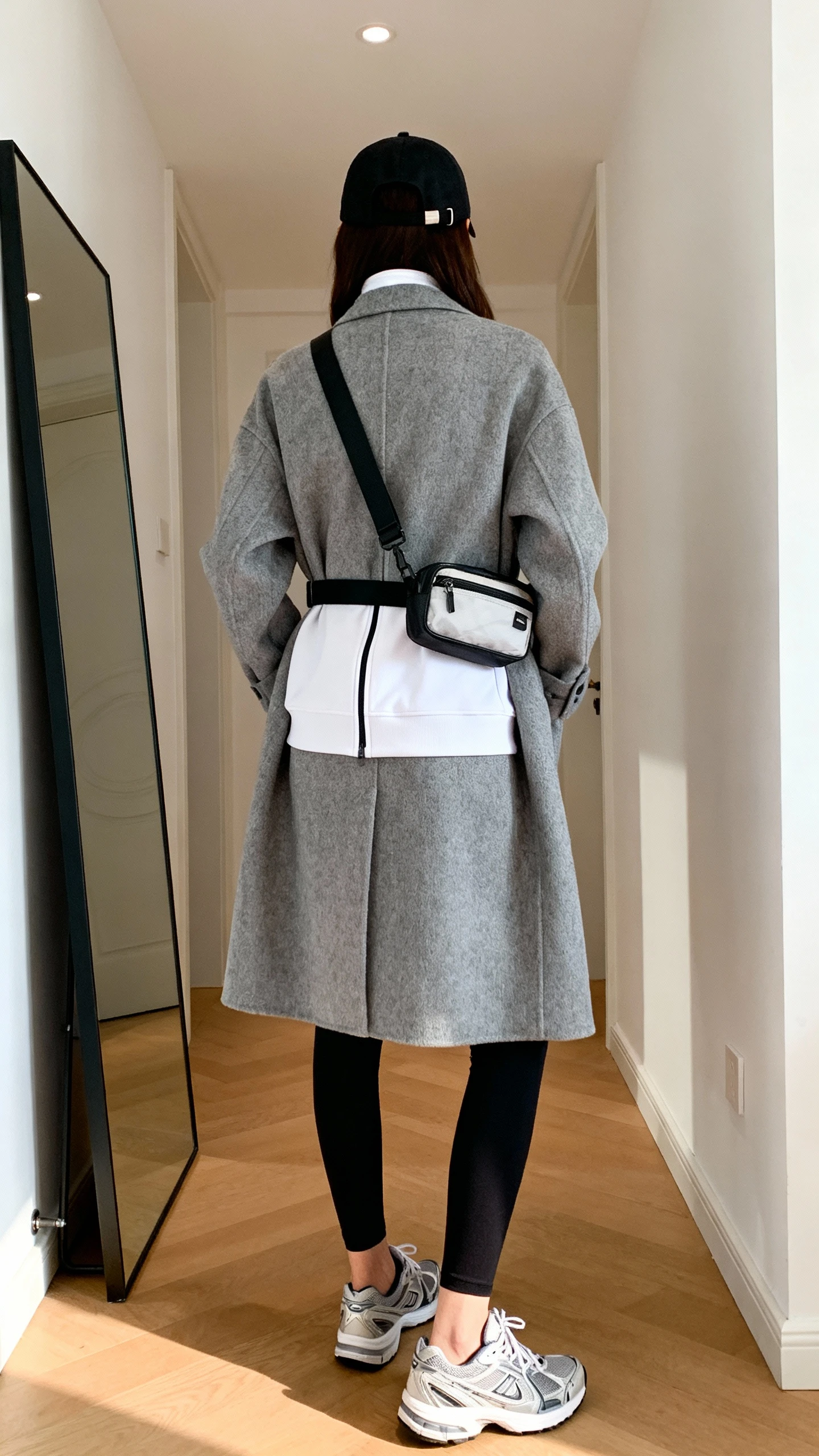 iPhone back view of a woman wearing a grey coat with black leggings, a white athletic zip-up, sleek trainers, a black baseball cap, and a belt bag worn crossbody, face not visible, hallway full-length mirror, bright indoor daylight, iPhone photo quality