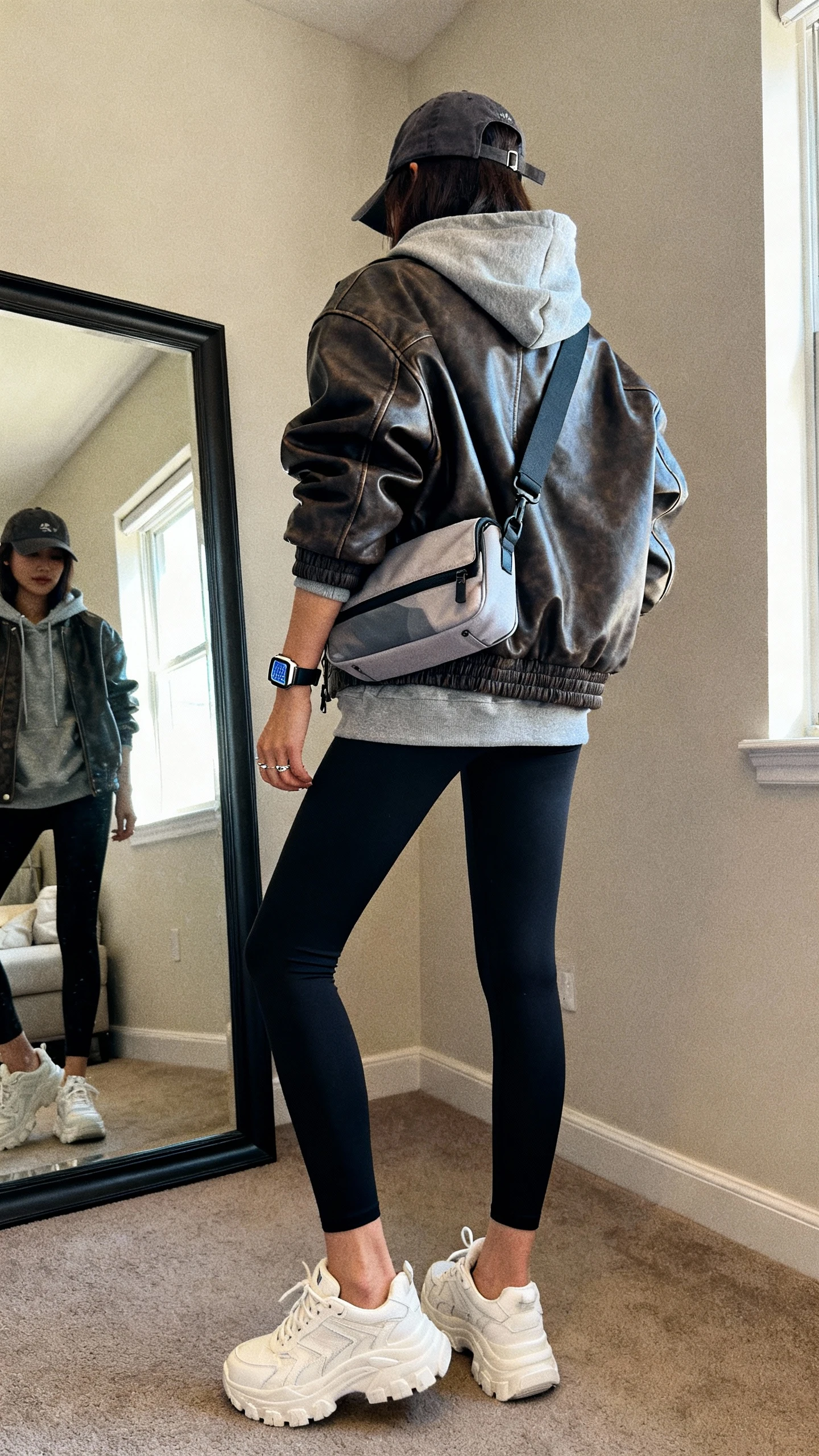 iPhone back-view photo of a woman in an oversized leather bomber, grey hoodie, black leggings, chunky white sneakers, baseball cap, sporty sling crossbody, simple studs and a sporty watch; face not visible, casual apartment mirror, daytime window light, iPhone photo quality.