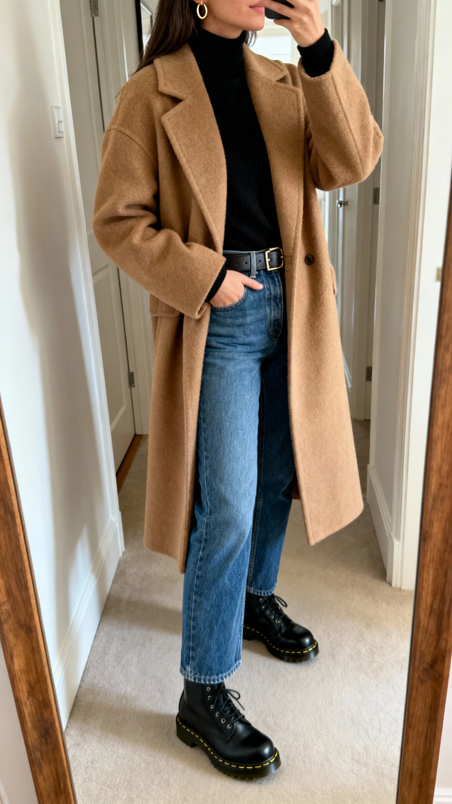 iPhone mirror selfie of a woman in a camel wool coat over a black turtleneck, straight-leg blue denim, black Doc Martens 1461 oxfords, leather belt, and minimal gold hoops, face not visible, side angle in a hallway full-length mirror with soft indoor light, iPhone photo quality.