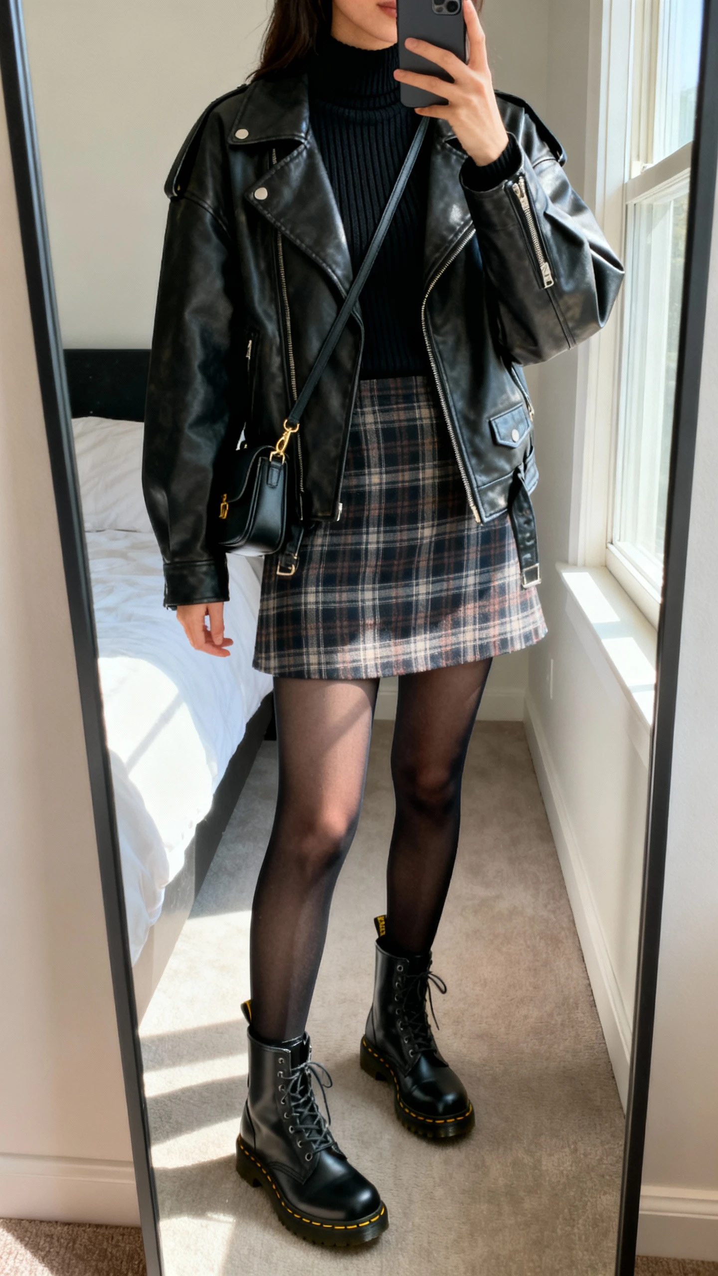 iPhone mirror selfie of a woman in a plaid mini skirt, sheer-but-warm black layering tights, ribbed black mock-neck top, oversized leather moto jacket, black Doc Martens 1460 boots, and a mini shoulder bag, face not visible, cropped at shoulders, bedroom mirror with window light, iPhone photo quality.