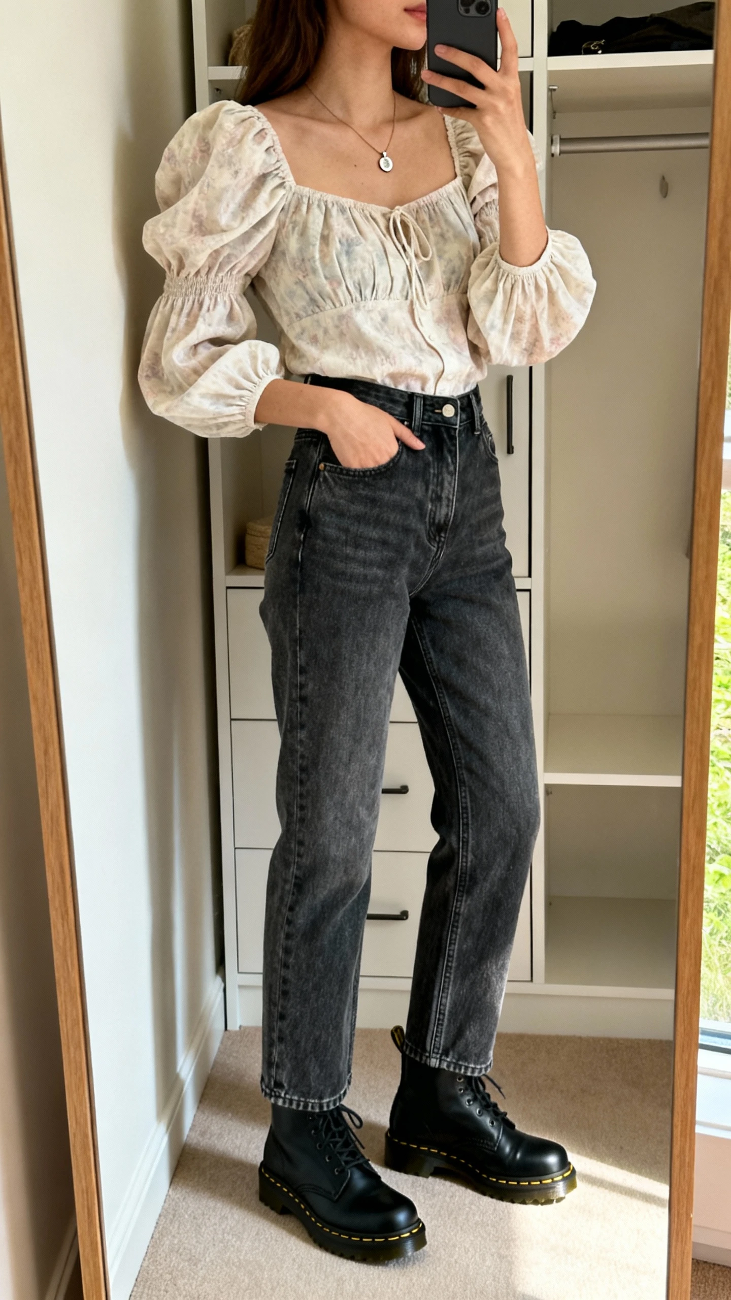 iPhone mirror selfie of a woman in a romantic blouse with puff sleeves tucked into vintage straight-leg jeans, black Doc Martens, delicate pendant necklace, face not visible, side angle, closet mirror, indoor daylight, iPhone photo quality.