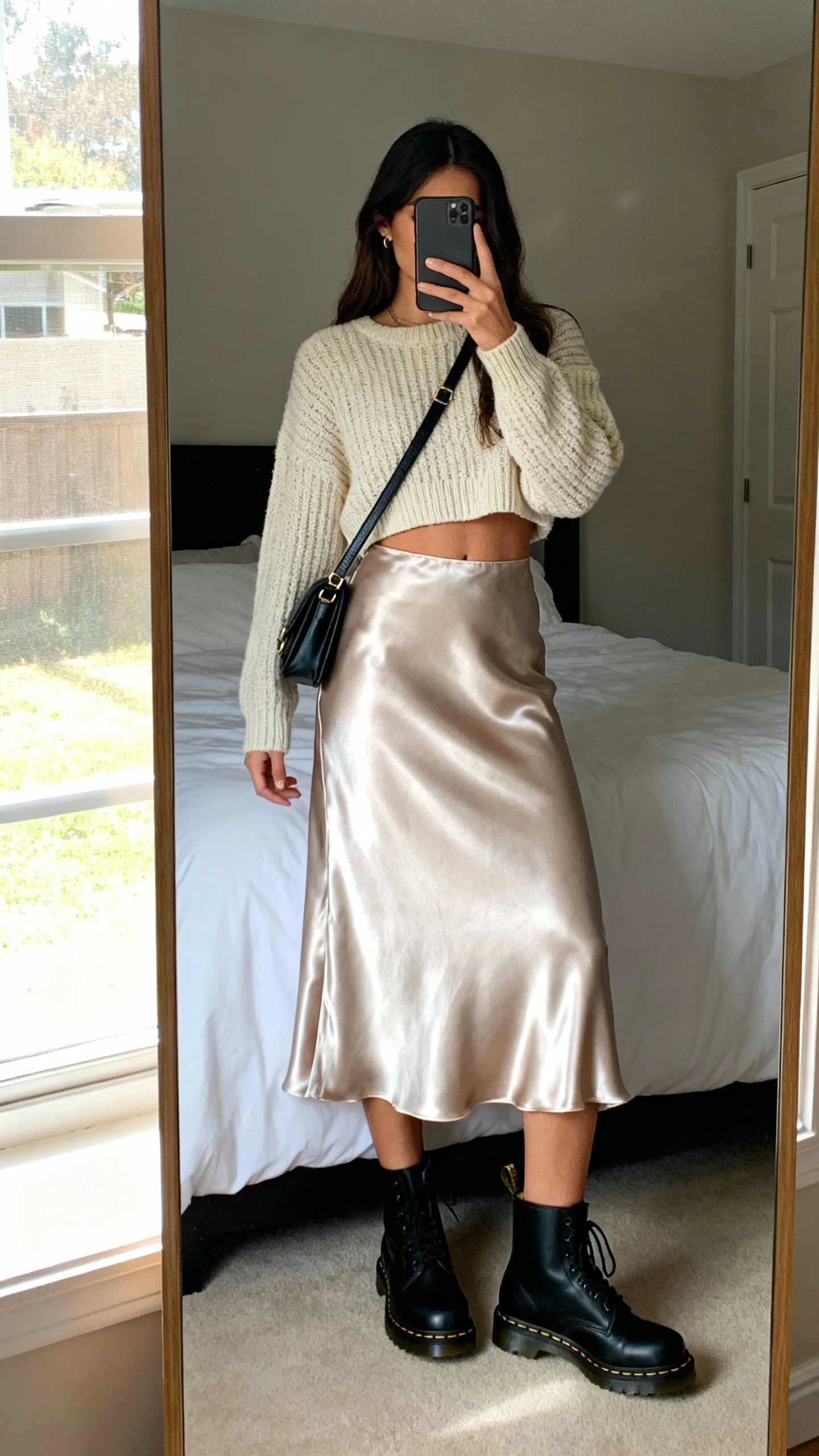 iPhone mirror selfie of a woman in a satin midi skirt with a cropped knit sweater, black Doc Martens, crossbody bag, face not visible, bedroom mirror, morning window light, iPhone photo quality.