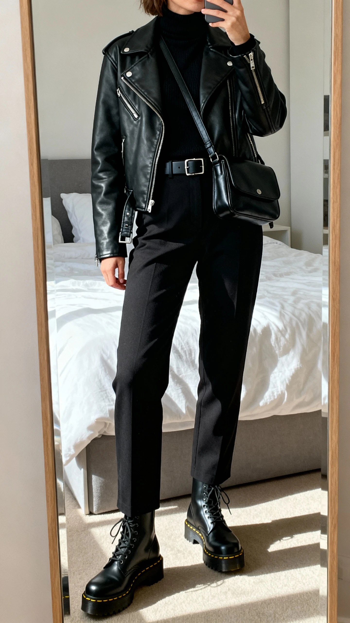 iPhone mirror selfie of a woman in an all-black monochrome look: black turtleneck, black straight trousers, black leather biker jacket, black Doc Martens platform boots, black leather crossbody, and sleek black belt, face not visible, cropped at neck, bedroom mirror with soft indoor lighting, iPhone photo quality.