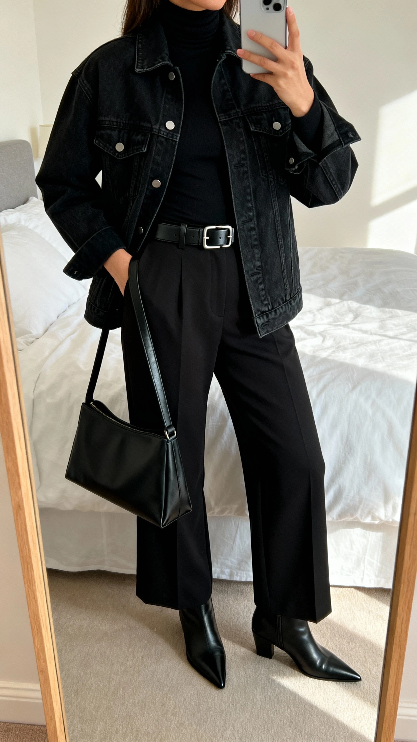 iPhone mirror selfie of a woman wearing a black denim jacket with a black fitted turtleneck, black tailored wide-leg pants, black pointed ankle boots, a black leather belt with a subtle buckle, and a black structured tote, face not visible, cropped at shoulders, bedroom mirror, soft morning light, iPhone photo quality.