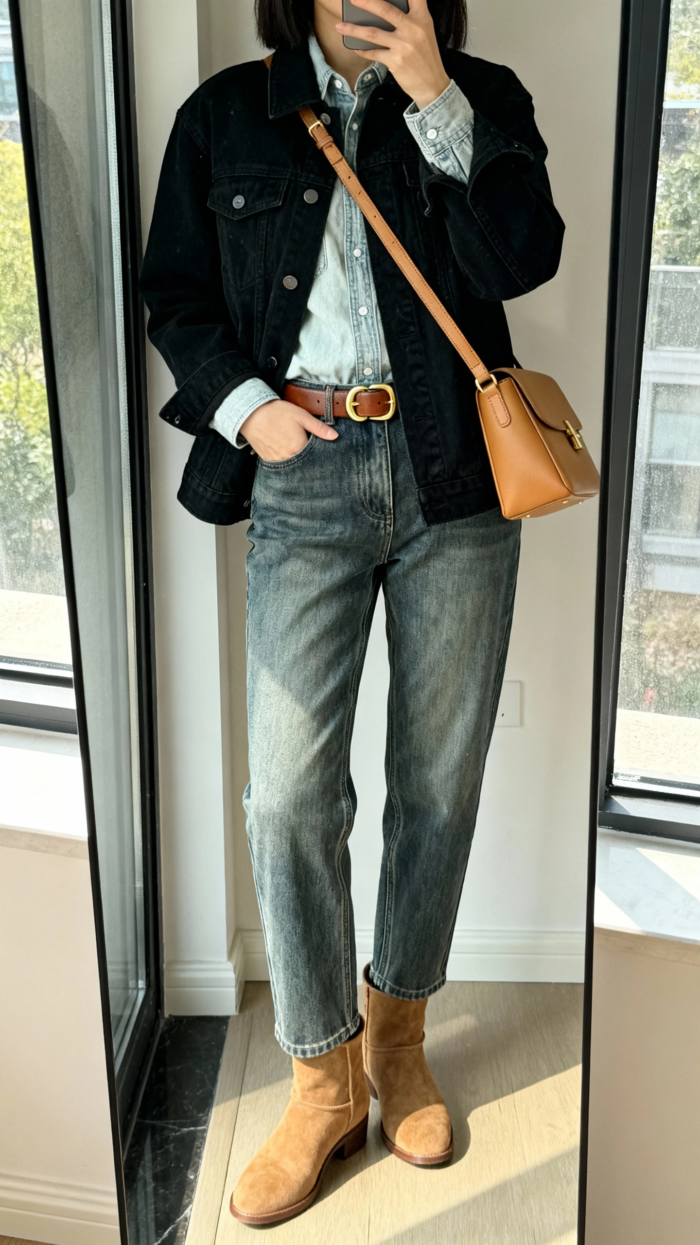 iPhone mirror selfie of a woman wearing a black denim jacket over a light-wash denim shirt, medium-wash straight jeans, tan suede ankle boots, and a brown leather belt with a gold buckle plus a tan crossbody, face not visible, cropped at neck, full-length mirror by a window, natural daylight, iPhone photo quality.