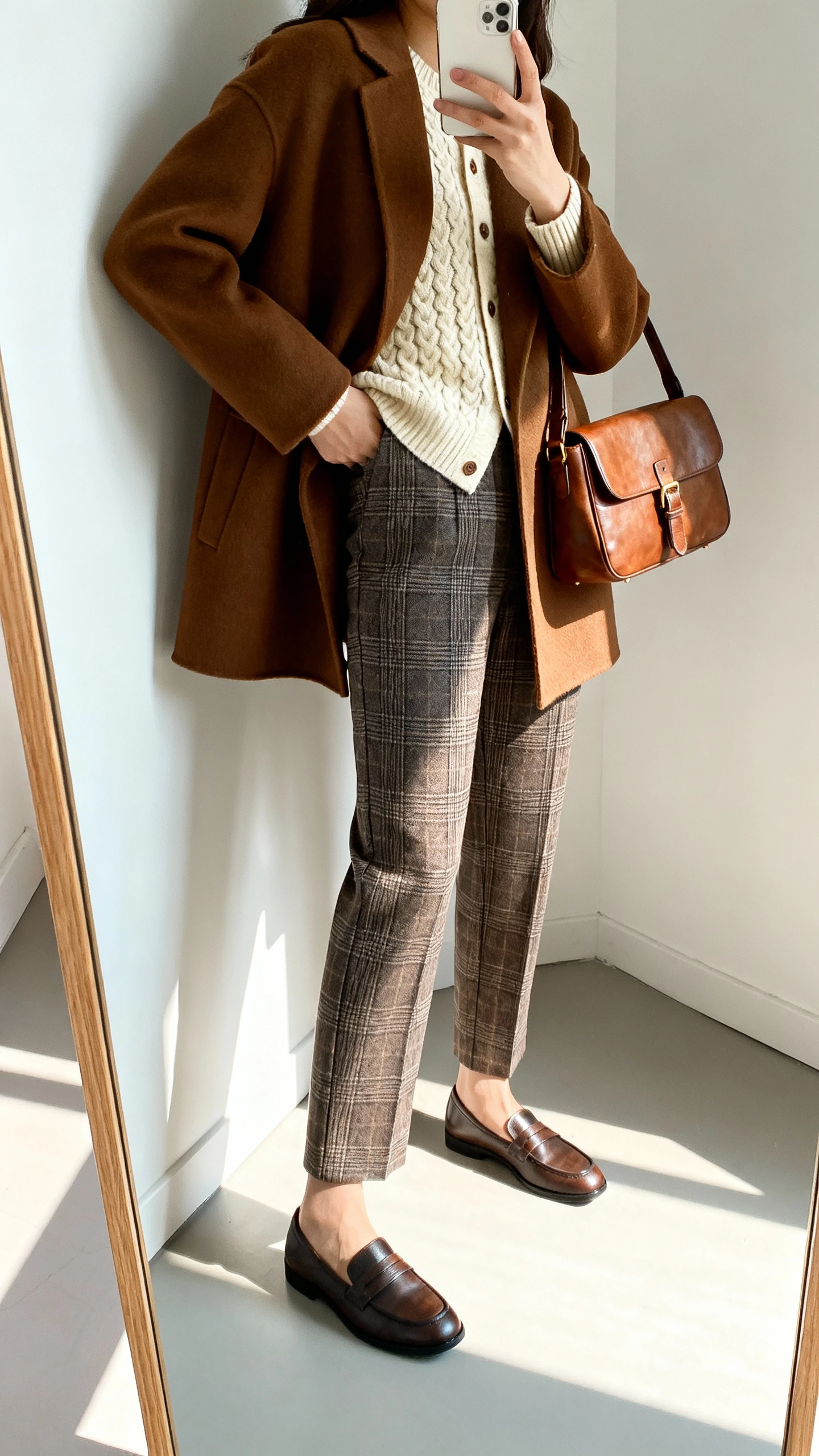 iPhone mirror selfie of a woman wearing a brown coat with tailored plaid trousers, a textured cream cardigan tucked in, loafers, and a leather satchel, face not visible, side angle, studio corner mirror, bright natural light, iPhone photo quality.