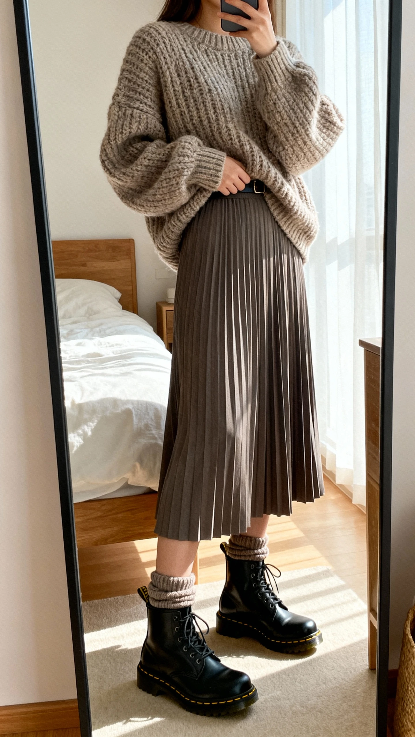 iPhone mirror selfie of a woman wearing a chunky oversized sweater tucked into a pleated midi skirt with classic black Doc Martens boots and slouchy socks, face not visible, cropped at neck, bedroom mirror, soft morning window light, iPhone photo quality.