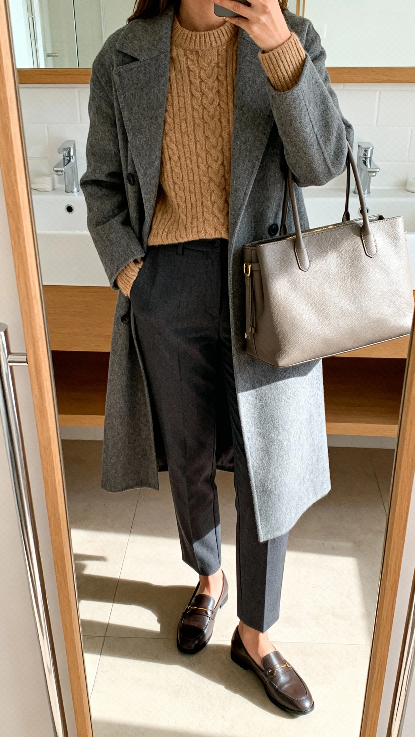 iPhone mirror selfie of a woman wearing a grey coat over a camel knit sweater, tailored charcoal trousers, loafers, and a structured tote, face not visible, bathroom mirror, natural morning light, iPhone photo quality