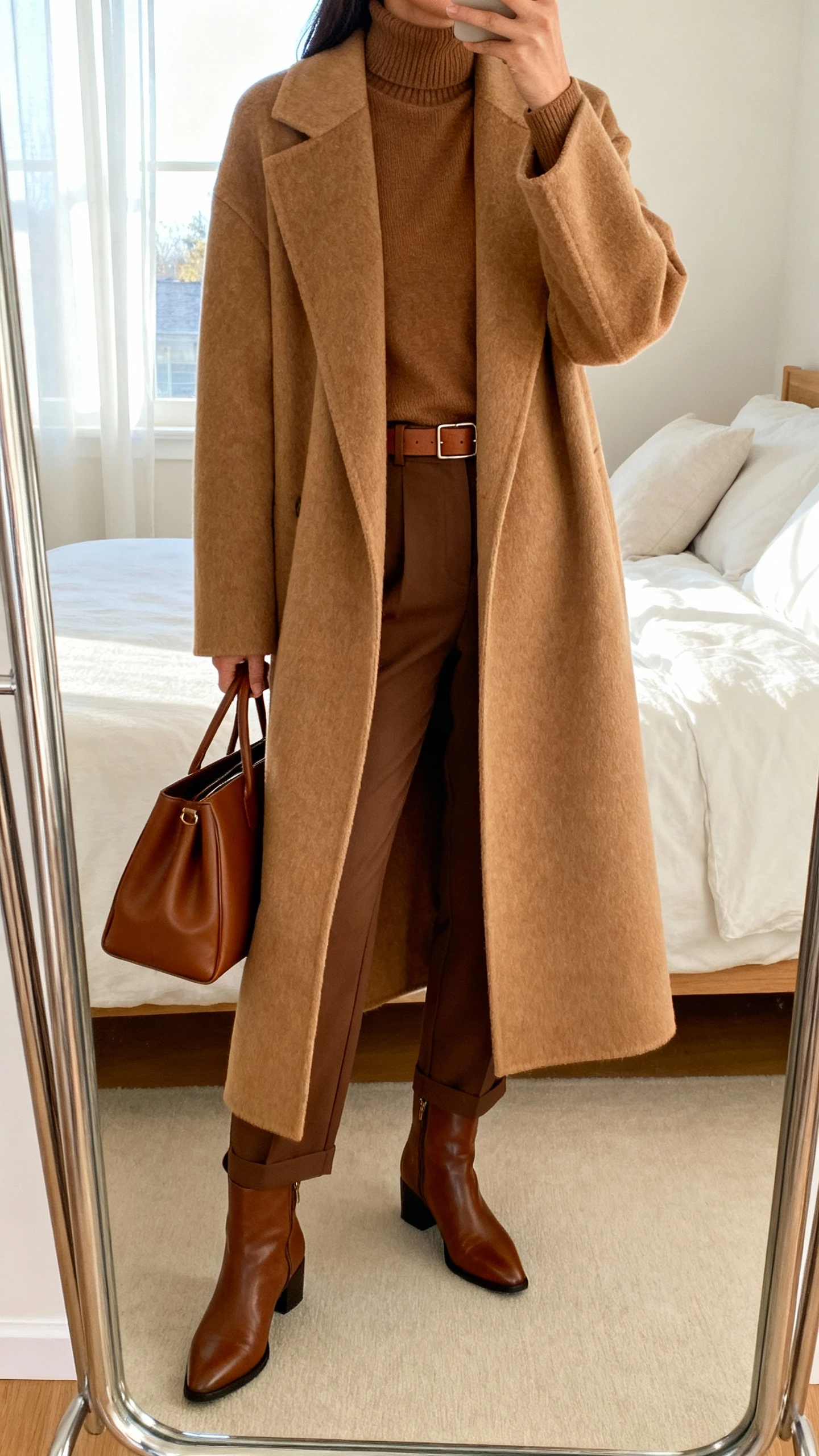 iPhone mirror selfie of a woman wearing a long camel-brown wool coat over a tonal brown turtleneck, brown tailored trousers, minimal leather belt, sleek brown ankle boots, and a structured brown tote, face not visible, cropped at neck, bedroom mirror, soft morning window light, iPhone photo quality.