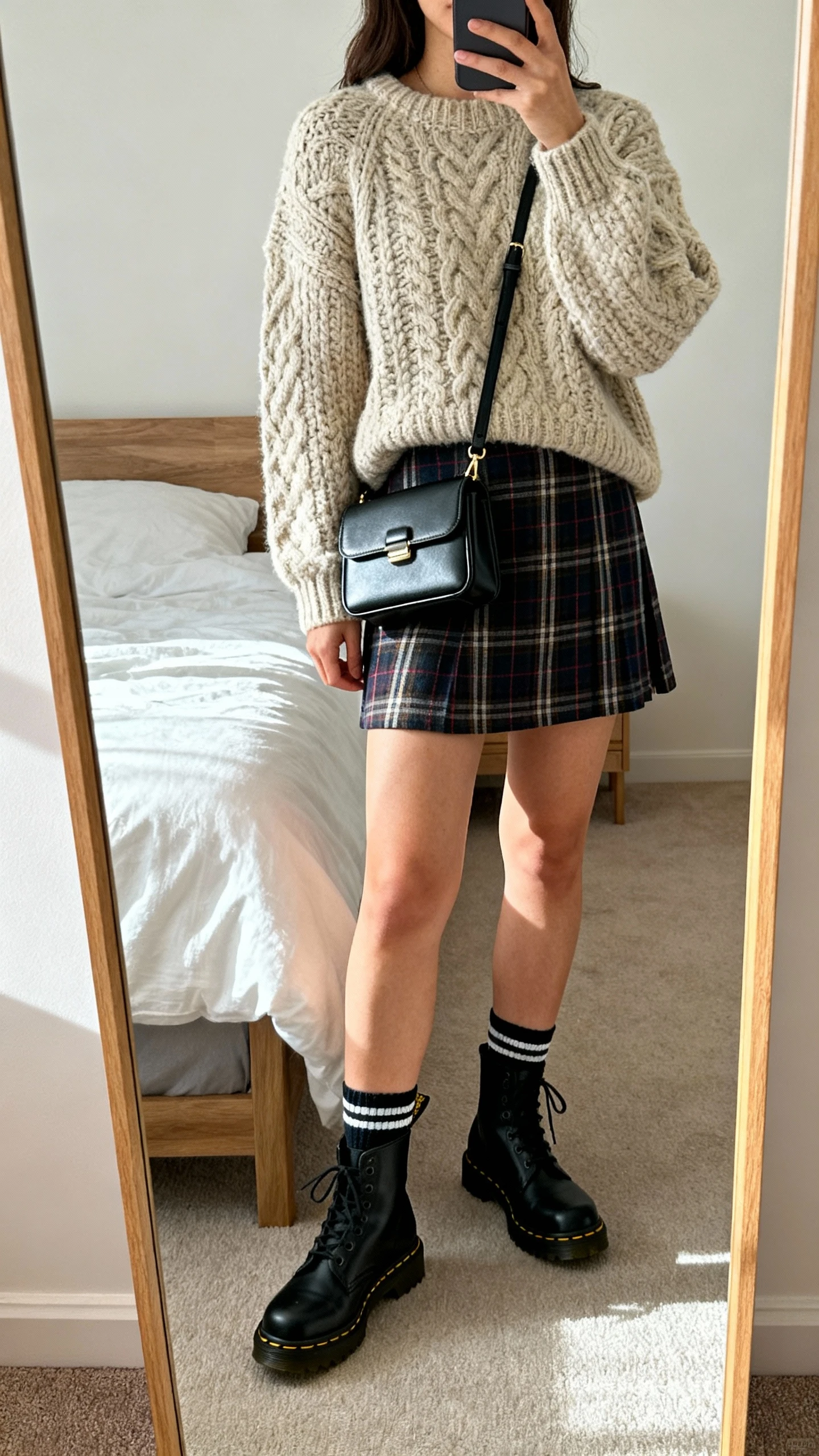 iPhone mirror selfie of a woman wearing a preppy mini skirt with a chunky knit sweater, black Doc Martens, ankle socks, and a structured mini bag, face not visible, cropped at neck, bedroom mirror, soft natural light, iPhone photo quality.