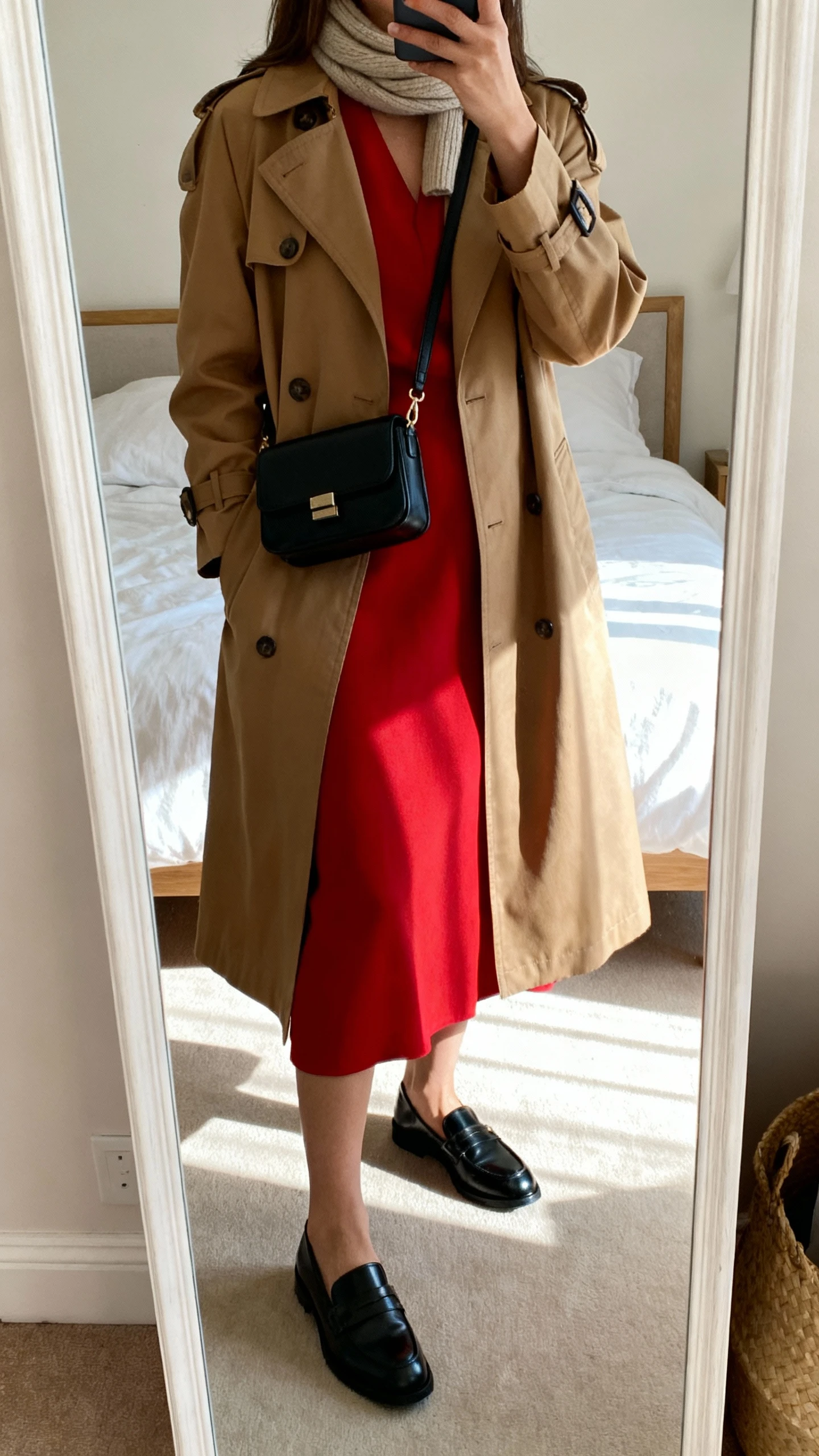 iPhone mirror selfie of a woman wearing a red midi dress with a classic tan trench coat, black leather loafers, small black crossbody, simple scarf, face not visible, cropped at shoulders, bedroom mirror, soft daylight, iPhone photo quality