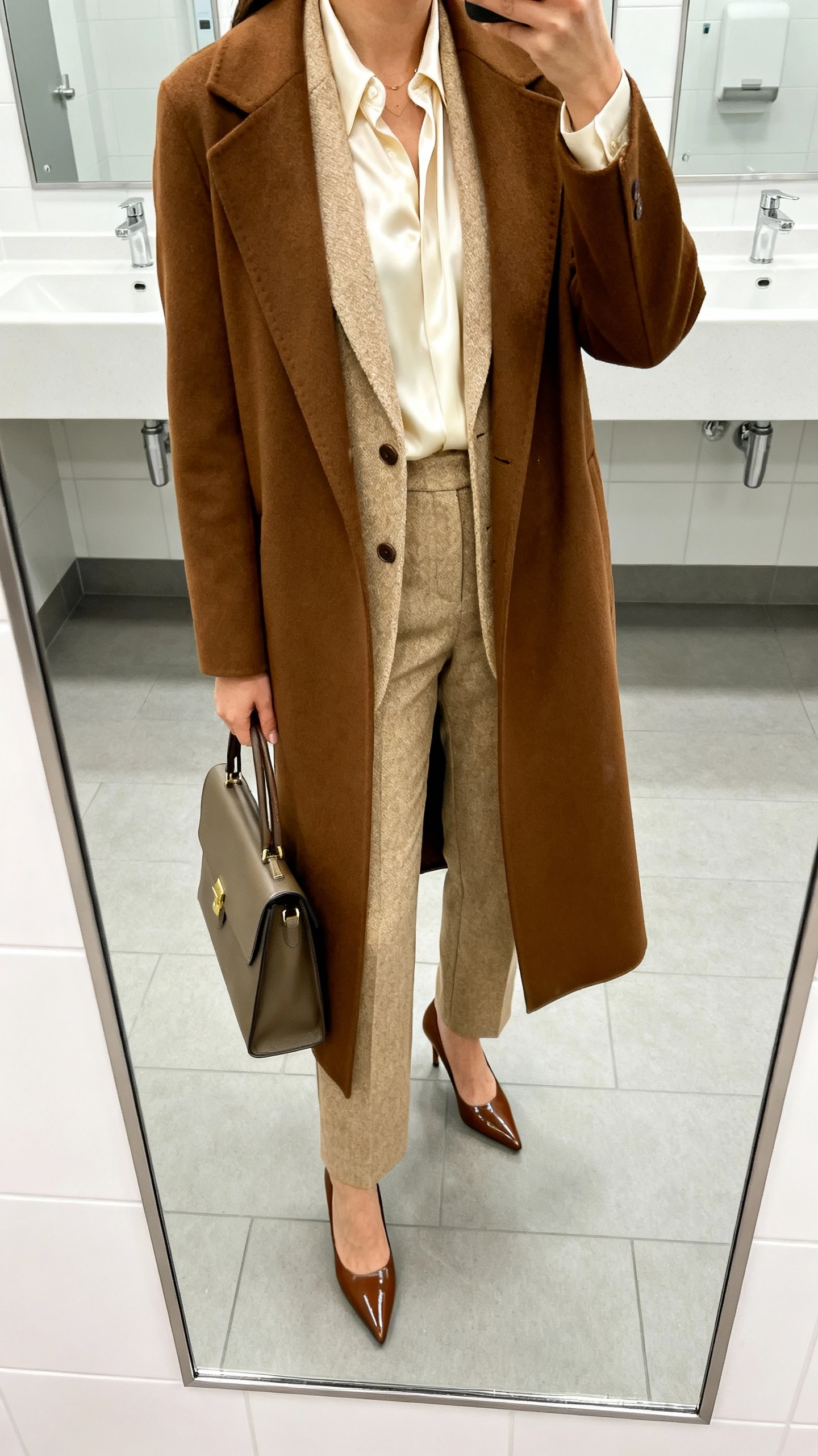 iPhone mirror selfie of a woman wearing a tailored brown coat over a beige wool blazer and matching trousers, silky cream blouse, pointed brown heels, and a structured work tote, face not visible, cropped at shoulders in office restroom mirror, bright indoor lighting, iPhone photo quality.