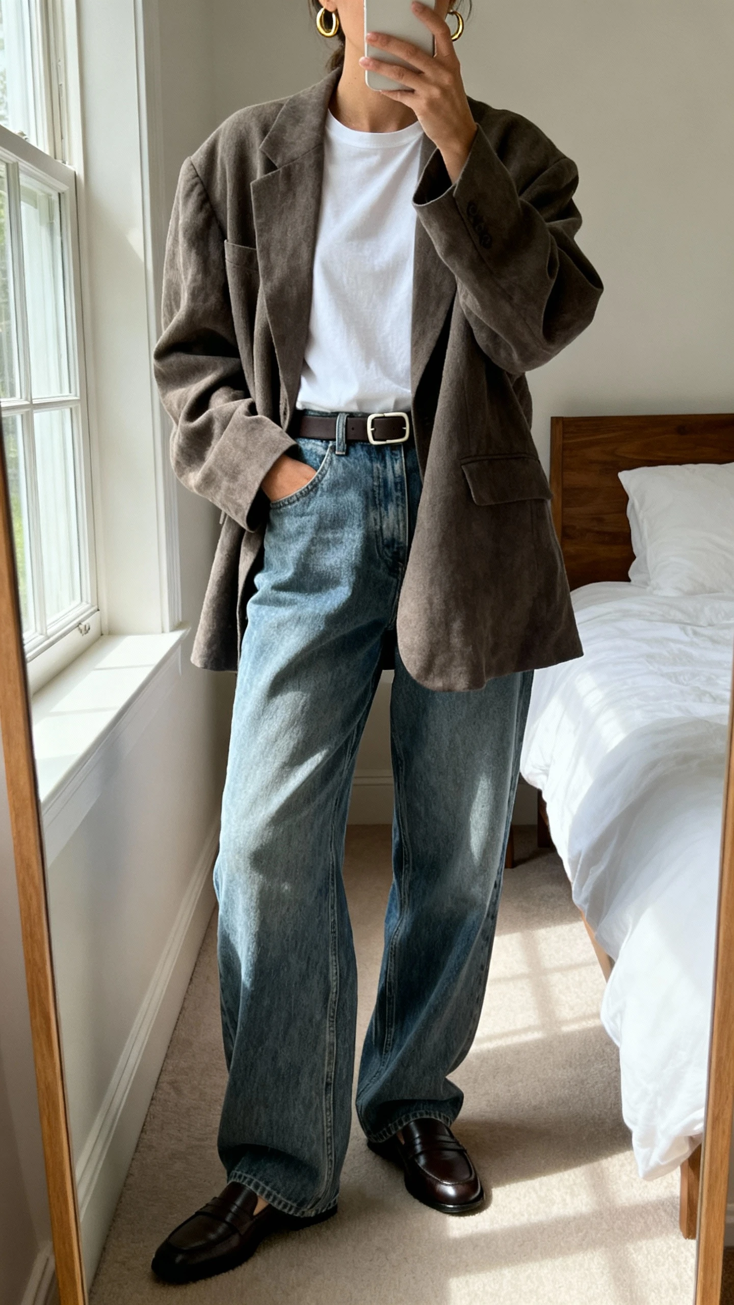 iPhone mirror selfie of a woman wearing baggy jeans, a slouchy oversized blazer over a classic white tee, minimalist belt, sleek loafers, simple gold hoops, face not visible, cropped at neck, bedroom mirror with natural window light, iPhone photo quality.