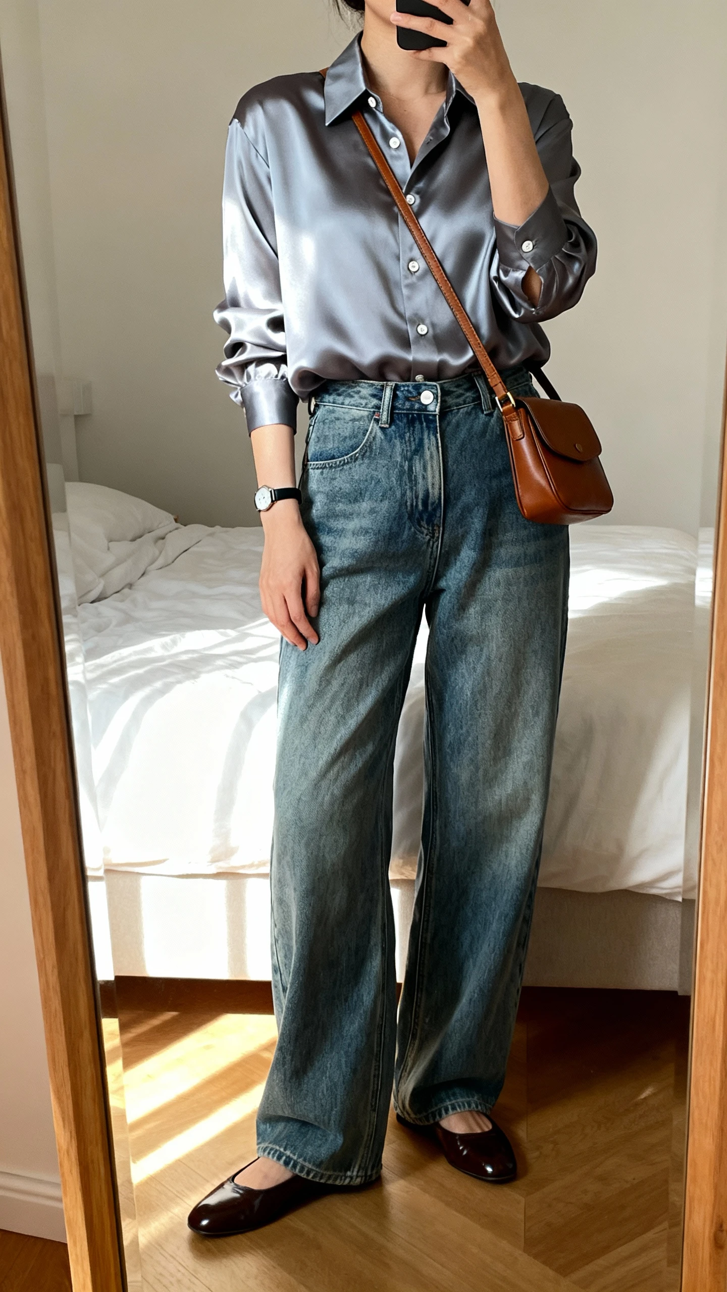 iPhone mirror selfie of a woman wearing baggy jeans, a silk button-up shirt, polished flats, slim watch, understated leather crossbody, face not visible, cropped at neck, bedroom mirror with morning light, iPhone photo quality.