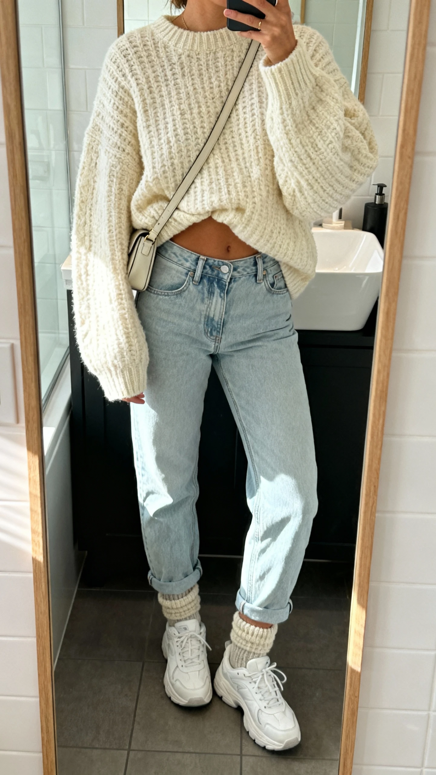 iPhone mirror selfie of a woman wearing light-wash mom jeans, an oversized chunky cream sweater half-tucked, white dad sneakers, cozy wool socks peeking, and a simple crossbody bag, face not visible, bathroom mirror, morning light, iPhone photo quality.