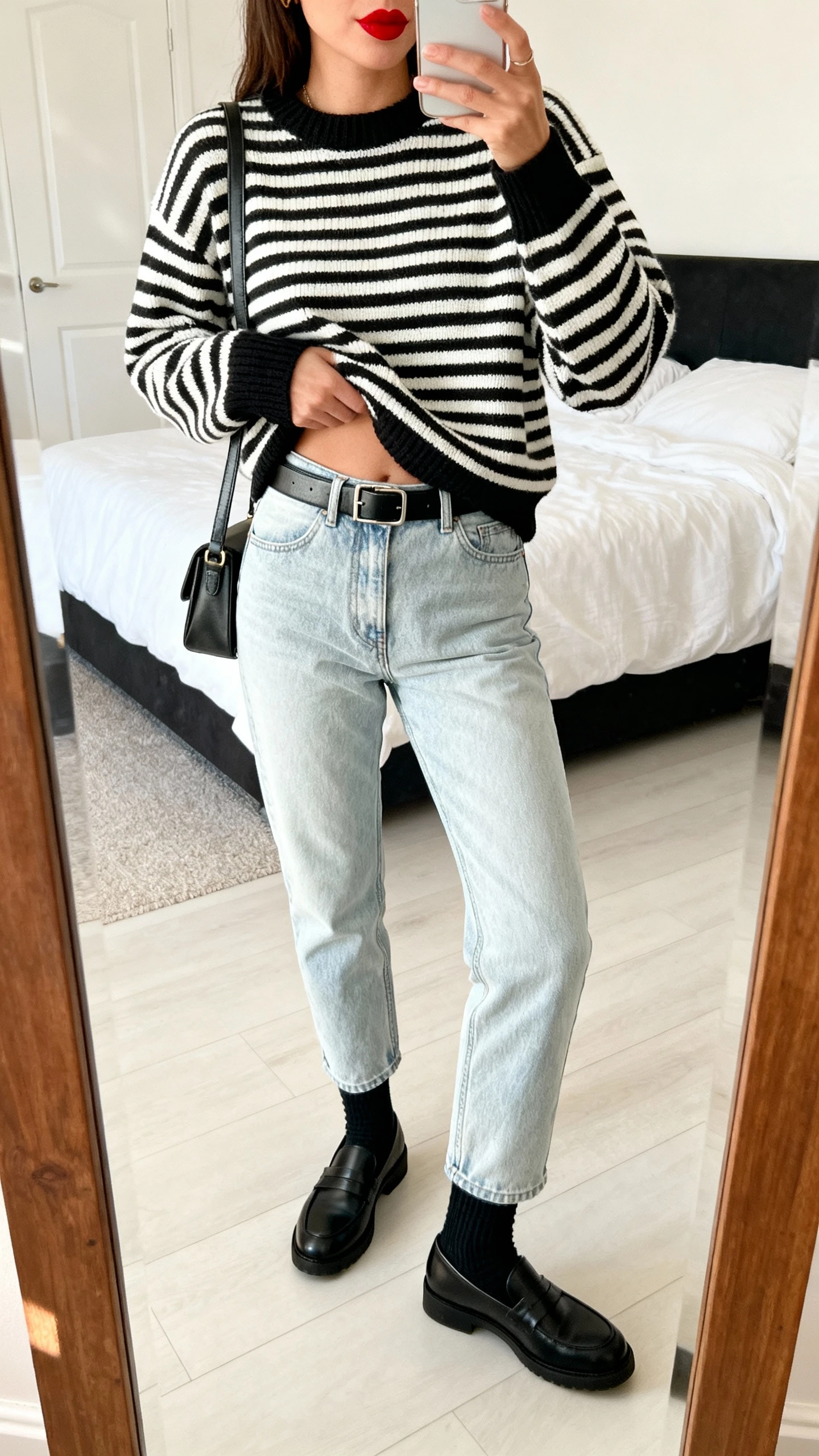 iPhone mirror selfie of a woman wearing light-wash mom jeans, a classic black-and-white striped knit sweater tucked at the front, black loafers with socks, a slim leather belt, and a small shoulder bag, face not visible with a red lip implied via lipstick in hand, bedroom mirror, soft daylight, iPhone photo quality.