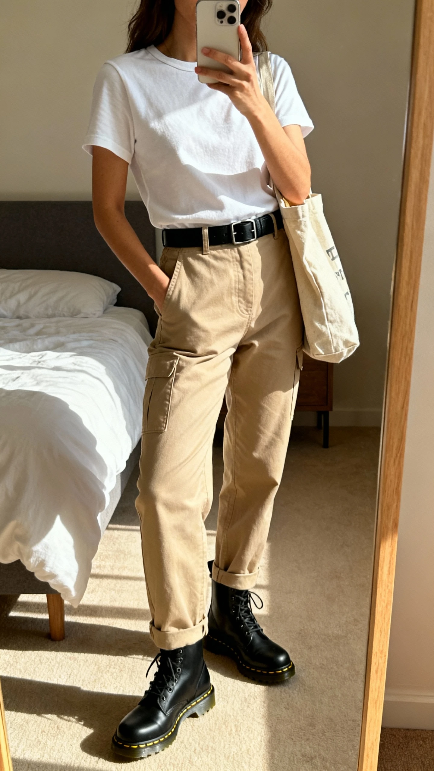 iPhone mirror selfie of a woman wearing sand-colored workwear chinos with a crisp white crewneck tee, black Doc Martens boots, black belt, and a canvas tote, face not visible, side angle, bedroom mirror, natural morning light, iPhone photo quality.