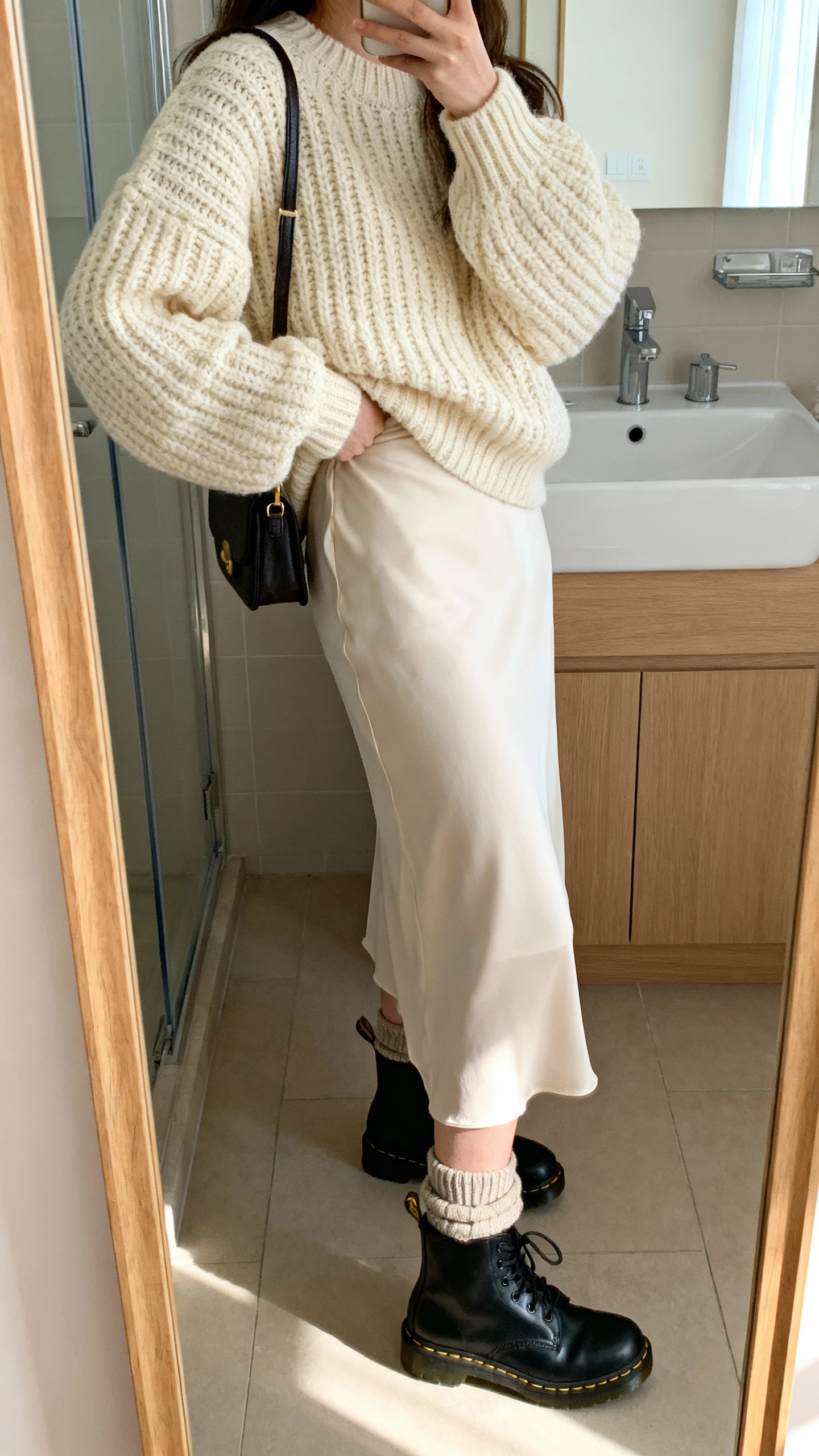 iPhone side-angle mirror selfie of a woman wearing a chunky cream knit sweater tucked into a midi slip skirt, black Doc Martens boots, slouchy socks peeking, and a small shoulder bag, face not visible, bathroom mirror, soft morning light, iPhone photo quality.