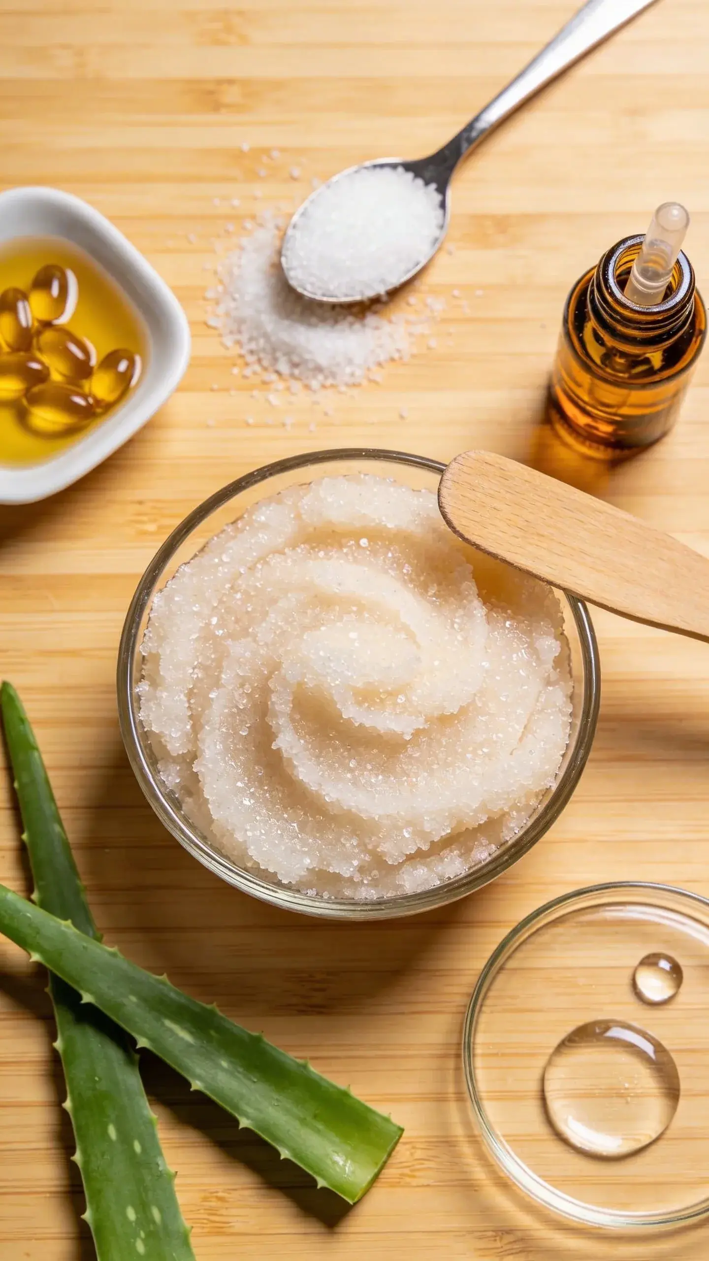 Close-up, overhead scene of a small glass bowl filled with a creamy, pale beige sugar body scrub with visible fine sugar crystals, glistening slightly; surrounding it are neatly arranged natural ingredients on a warm, light wood surface: a small dish of golden jojoba oil, a spoonful of fine white sugar spilling slightly, a few drops of clear glycerin on a tiny glass plate, a sprig of fresh aloe, a small amber bottle of essential oil with dropper (uncapped), and a wooden spatula resting on the bowl edge; soft daylight, clean spa aesthetic, minimal, soothing color palette of creams, golds, and soft greens, no text, high-resolution macro detail.