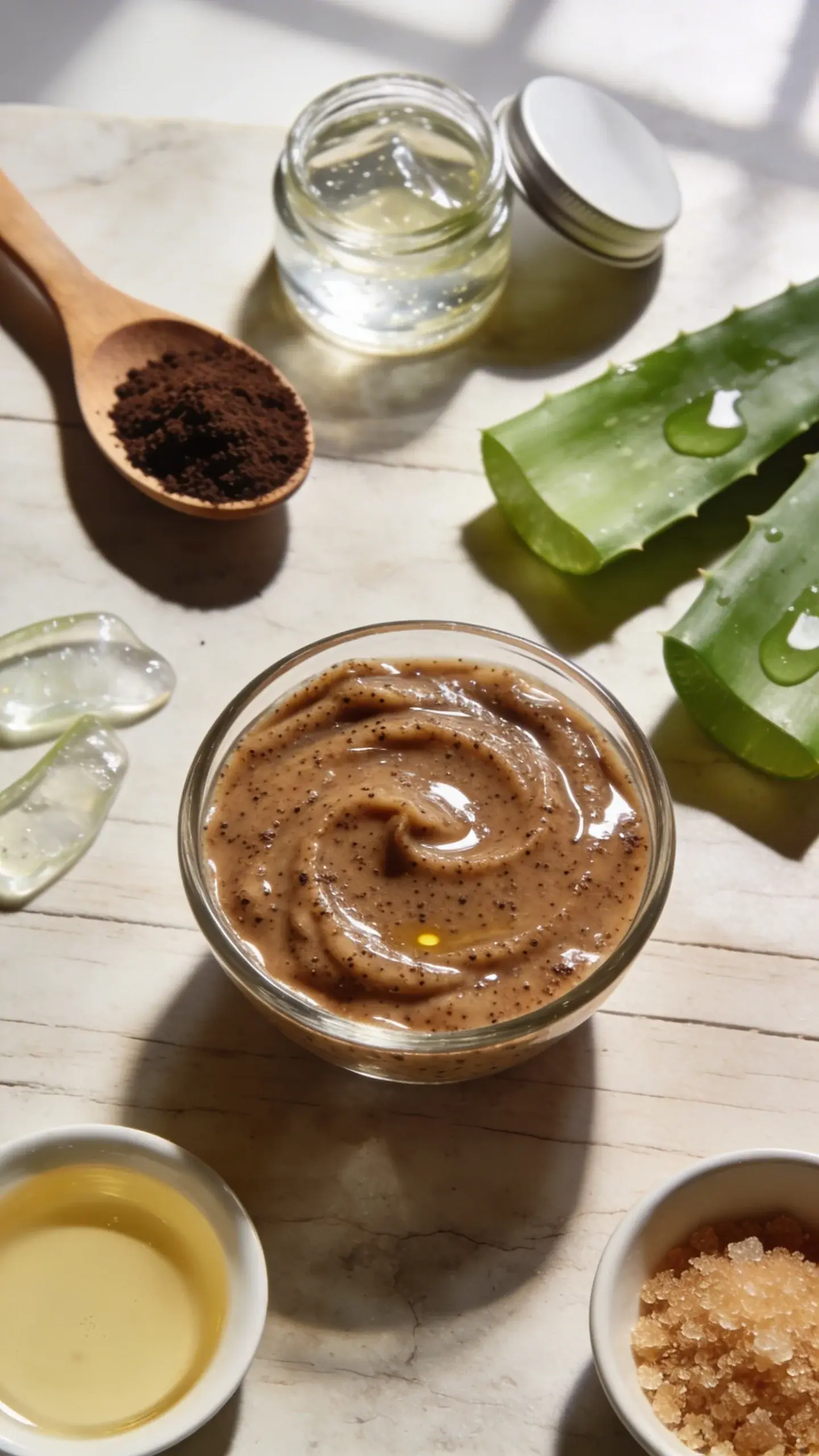 Close-up, overhead shot of a small glass bowl filled with a freshly mixed coffee and aloe body scrub—creamy gel-like texture with fine espresso grounds evenly suspended, slight sheen from natural oils. Surround the bowl with the key ingredients neatly arranged: a wooden spoon holding finely ground coffee, a small open jar of clear aloe vera gel, a few aloe leaf segments with visible translucent gel, a tiny dish of light carrier oil (like jojoba), and a pinch bowl of brown sugar. Place everything on a clean, neutral-toned stone or light wood surface with soft natural window light, minimal shadows, no labels or text, aesthetic DIY skincare vibe.