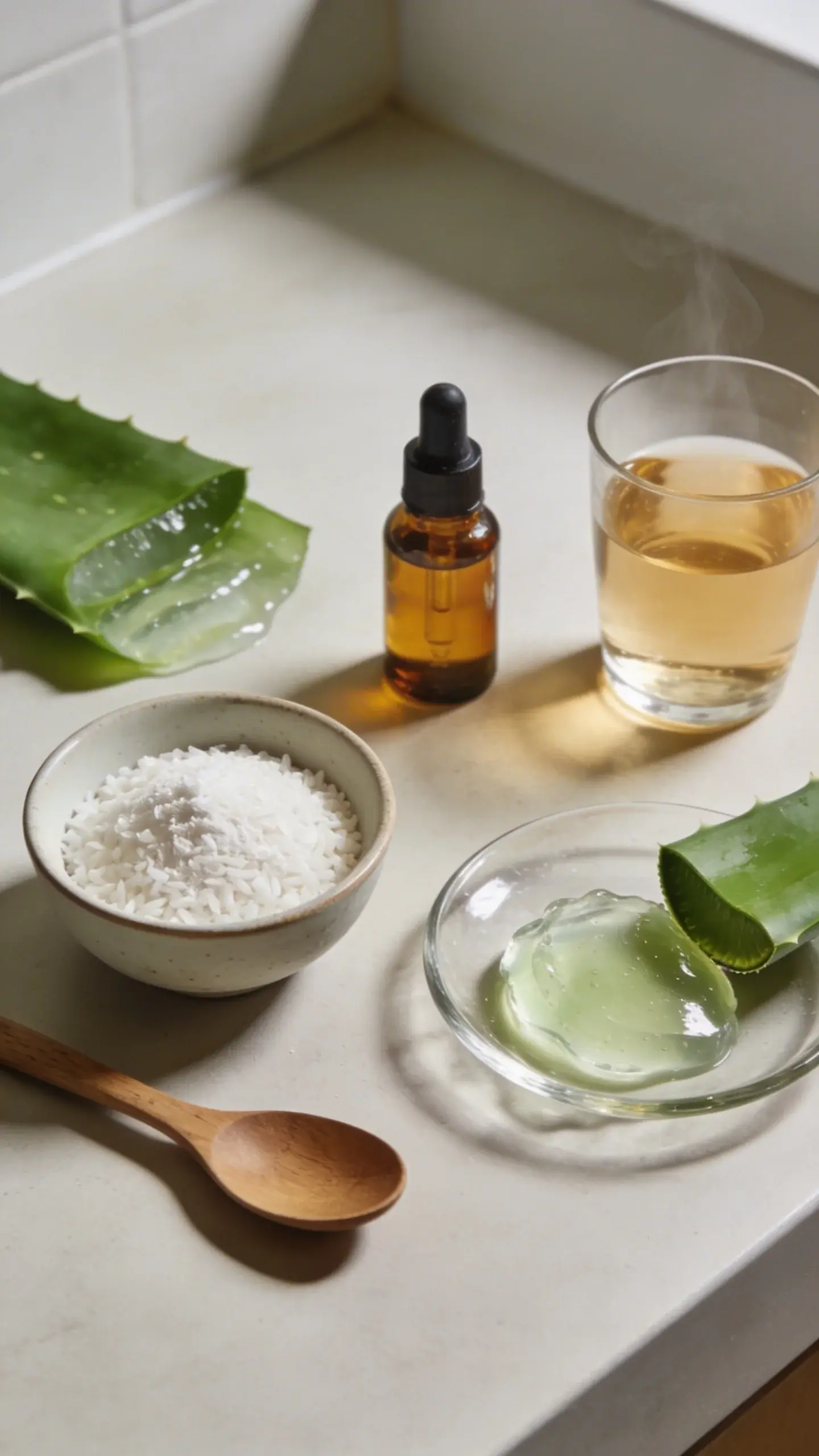 Close-up, overhead composition on a clean, neutral bathroom counter: a small ceramic bowl filled with fine white rice powder beside a wooden spoon; a clear glass dish with fresh aloe vera gel scooped from a split aloe leaf; the green aloe leaf segment with visible translucent gel; a small amber dropper bottle of lightweight carrier oil; a pinch bowl of sugar-free fine powder (optional), and a minimal glass of warm water. Soft natural light, high detail macro texture of the rice powder and glossy aloe gel, subtle steam hint, no labels or text, soothing spa aesthetic with muted tones and soft shadows.