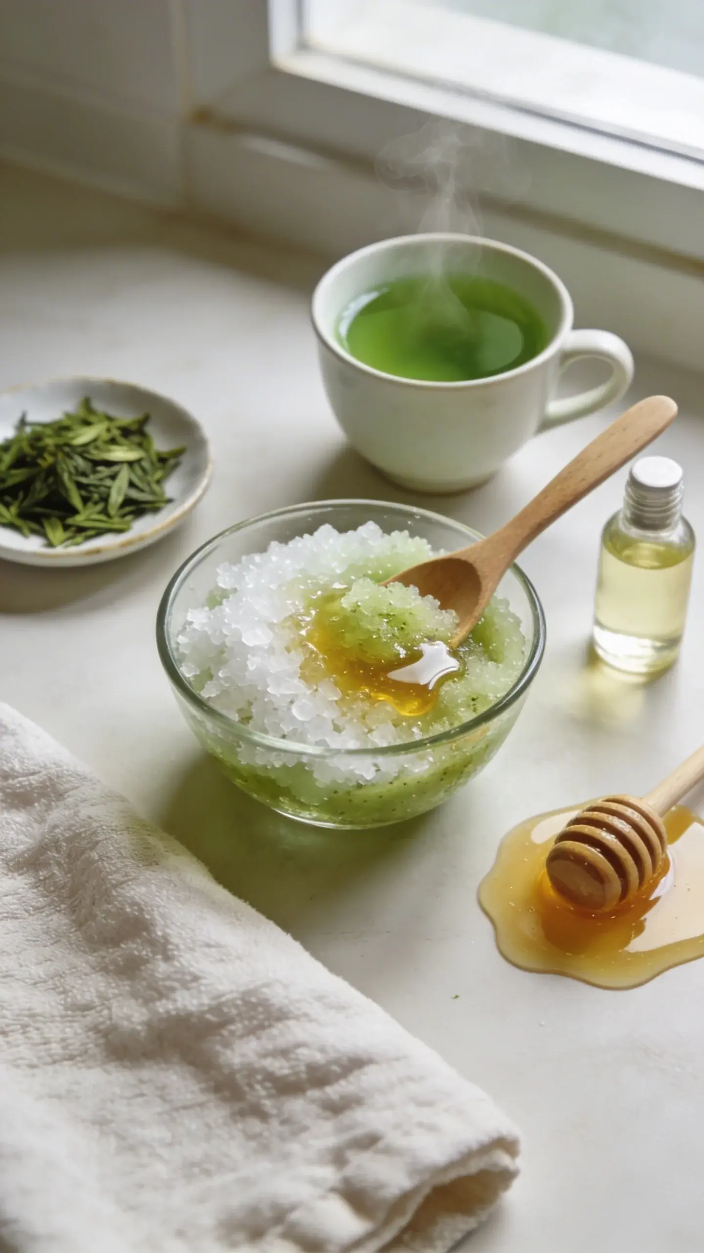 Close-up, overhead shot of a small glass bowl filled with a homemade green tea and sugar body scrub: visible fine white sugar crystals mixed with golden honey and a light green tint from steeped matcha/green tea, glossy texture with a wooden spoon partially dipped in. Surrounding props on a clean, neutral bathroom counter: a small dish of loose green tea leaves, a cup of brewed green tea with steam, a drizzle of honey with a honey dipper, a small bottle of light skincare oil, and a linen towel. Soft natural window light, minimalistic spa vibe, no text, high-resolution macro detail focusing on texture and ingredients.
