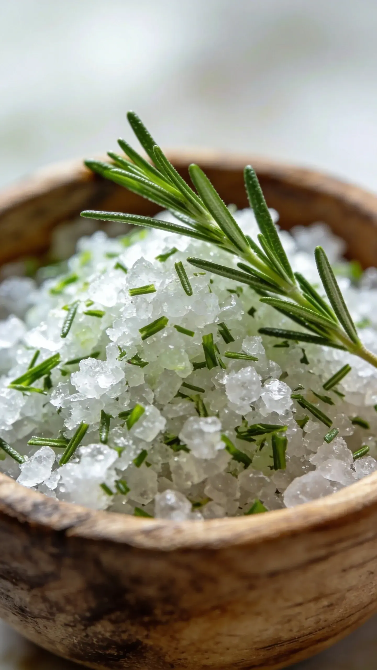 A high-detail, extreme close-up shot of a small, rustic wooden bowl filled with a DIY rosemary salt bath scrub. The scrub is a textured mixture of coarse white sea salt crystals, clearly visible, interspersed with vibrant green, finely chopped fresh rosemary leaves. A delicate, fresh sprig of rosemary rests gently on the rim of the bowl, with a few leaves just touching the scrub. The lighting is soft, natural, and bright, highlighting the crystalline structure of the salt and the fine details of the rosemary, conveying a fresh, clean, and herbal spa aesthetic. The background is a very soft, out-of-focus blur of light, neutral tones, with no distracting elements.
