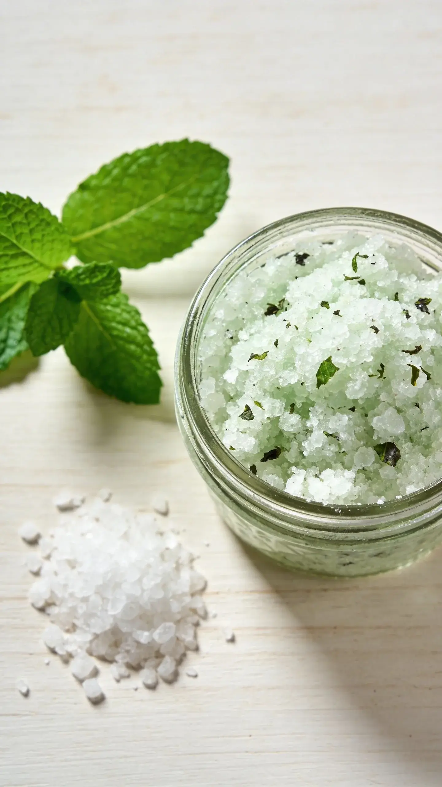 A high-resolution, top-down close-up shot of a small, clear glass jar filled with a homemade peppermint salt scrub. The scrub is a granular, light green and white mixture with visible coarse salt crystals and tiny, dark green flecks of dried peppermint leaves. The surface of the scrub in the jar is slightly textured. Next to the jar, on a clean, light-colored wooden surface, are a few loose, vibrant green fresh peppermint leaves and a small pile of white, coarse sea salt crystals. The lighting is soft, natural, and bright, creating a clean, inviting, and natural aesthetic. No text visible.