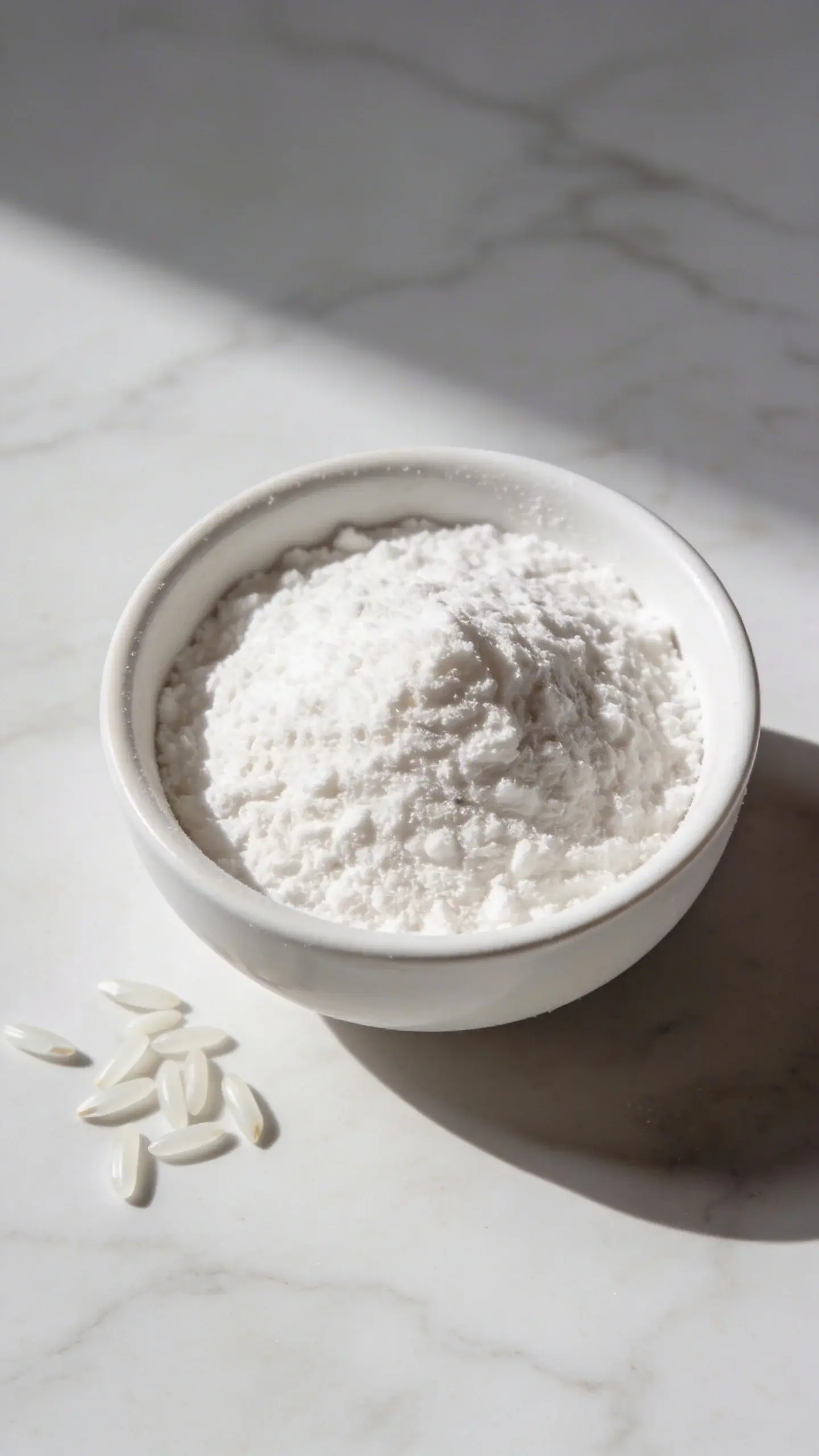 Extreme close-up overhead shot of a small white ceramic bowl filled with fine white rice flour powder, with a few scattered grains of uncooked white rice on a light marble surface beside the bowl, soft natural lighting creating gentle shadows, minimal spa-like aesthetic
