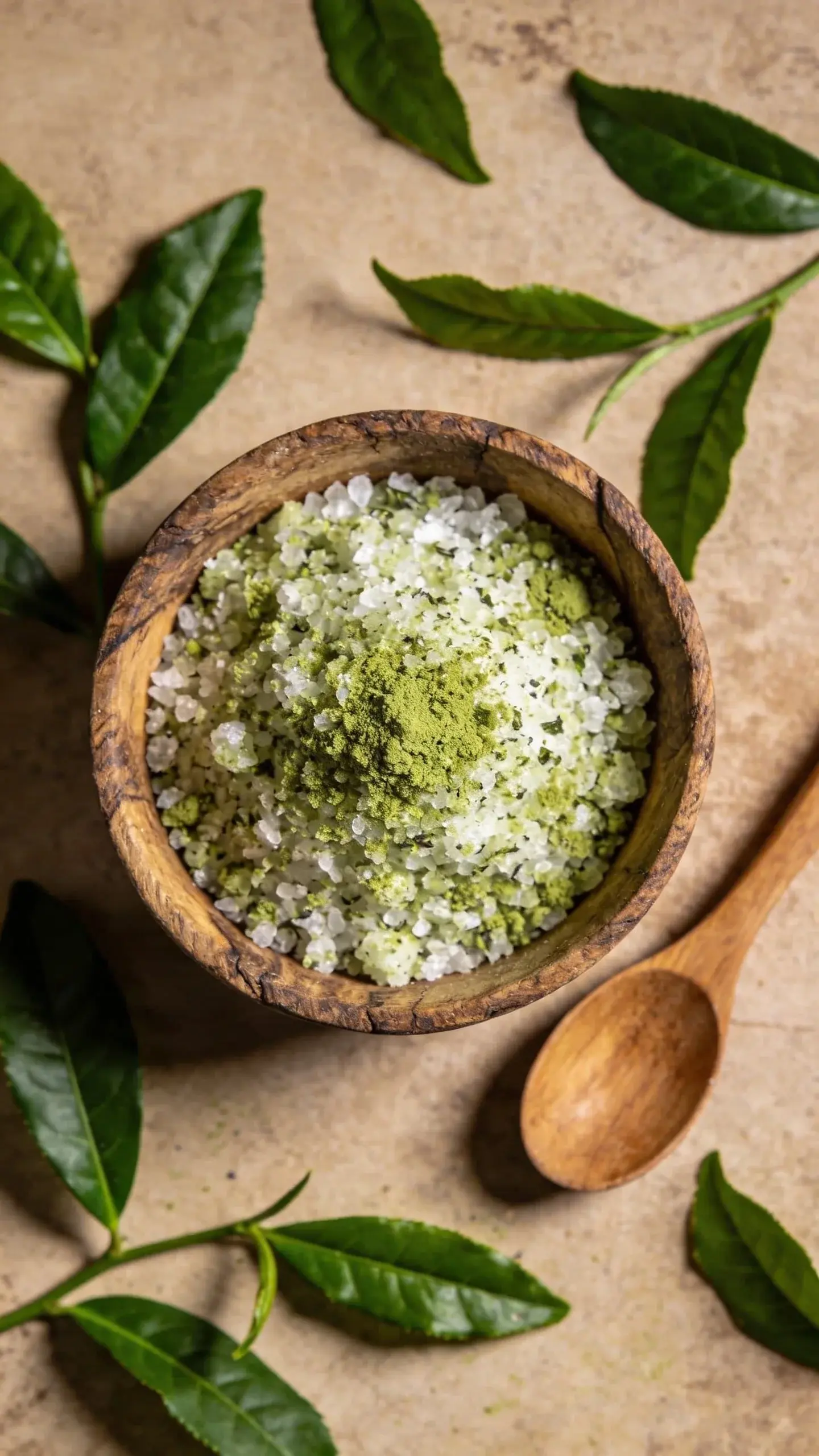 Close-up overhead shot of a rustic wooden bowl filled with green tea bath scrub, showing the texture of coarse sea salt mixed with green tea powder creating a speckled green and white appearance, with fresh green tea leaves scattered around the bowl and a wooden spoon resting beside it, natural lighting, spa-like aesthetic