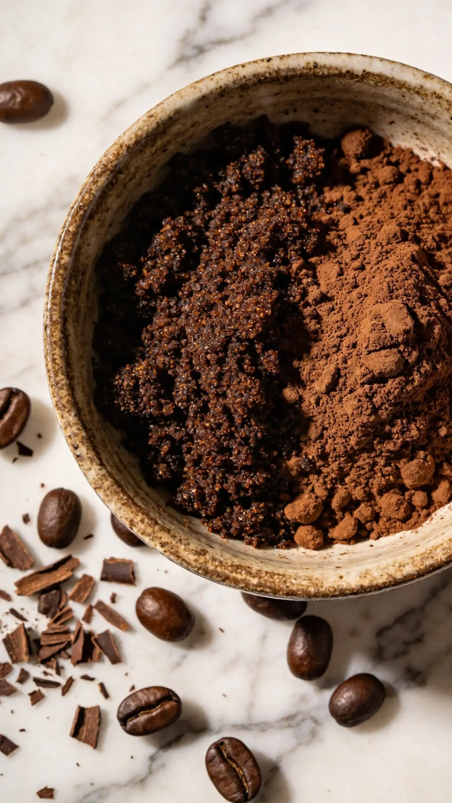 Extreme close-up overhead shot of coffee grounds and cocoa powder mixed together in a rustic ceramic bowl, with scattered whole coffee beans and cocoa nibs on a marble surface, warm natural lighting highlighting the rich brown textures and granular details of the scrub mixture