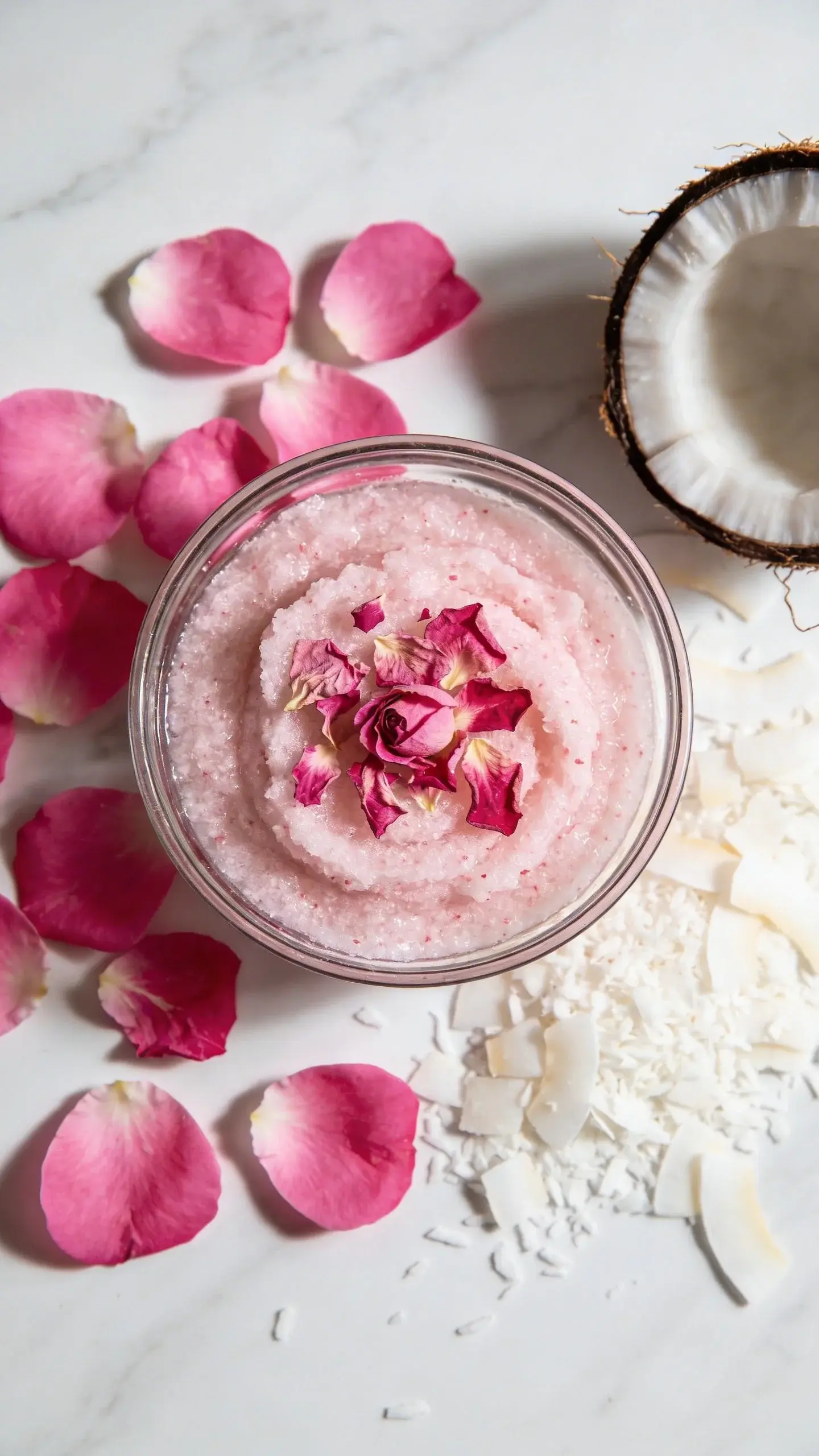 Close-up overhead shot of a glass bowl filled with pink rose petal bath scrub mixture, surrounded by scattered fresh pink rose petals, shredded coconut flakes, and a halved coconut on white marble surface, soft natural lighting, spa aesthetic, shallow depth of field