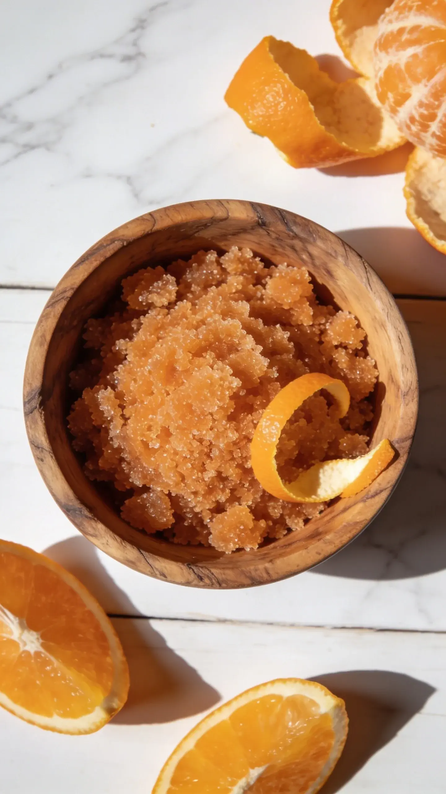 Close-up overhead shot of a rustic wooden bowl filled with orange-brown textured sugar scrub, with fresh orange peels and orange slices scattered around the bowl, natural lighting casting soft shadows, spa-like aesthetic with white marble or wooden surface background
