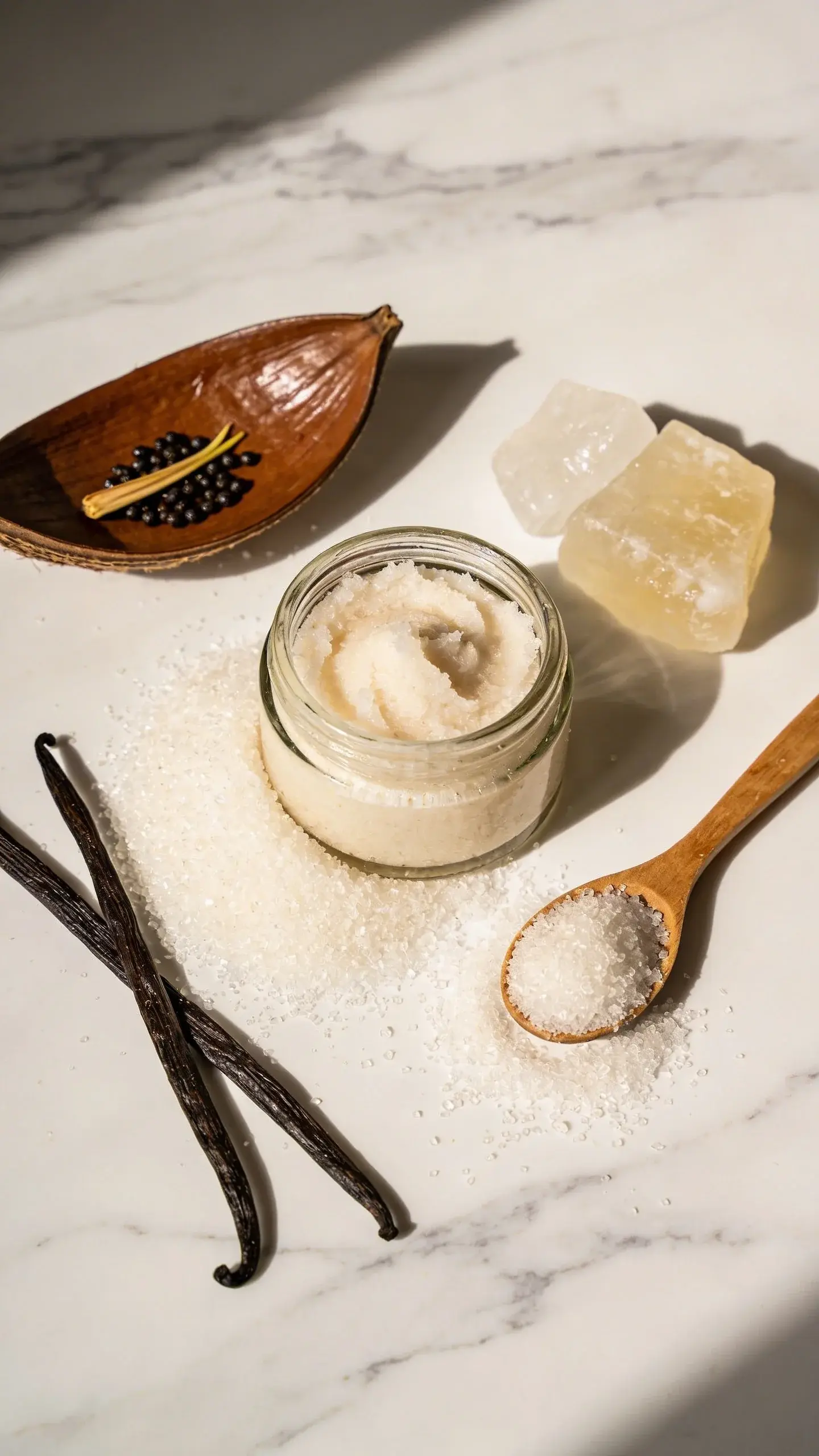 Close-up overhead shot of a small glass jar filled with creamy vanilla sugar scrub, surrounded by the three ingredients: granulated white sugar spilling from a wooden spoon, a halved vanilla bean pod with visible seeds, and coconut oil in its solid state, all arranged on a white marble surface with soft natural lighting creating a spa-like, clean aesthetic