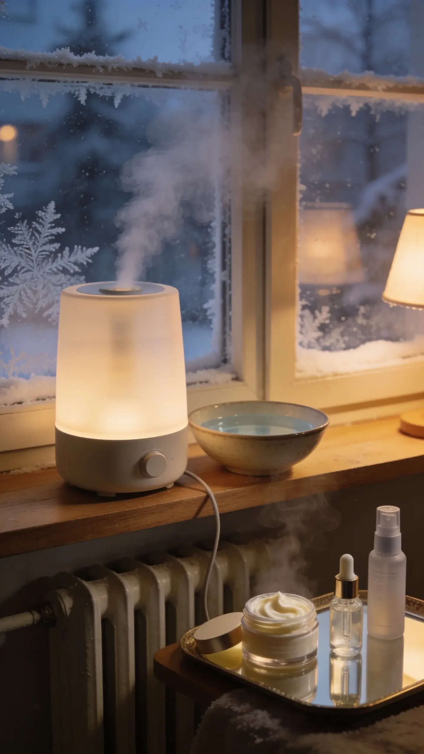Cozy winter apartment interior at dusk with visible frosty window panes and a radiator humming below; a medium-sized ultrasonic humidifier softly emitting cool mist on a wooden shelf, nearby a ceramic bowl of water placed near the heater as a DIY hack; on a small vanity tray, open jars of thick cream showing rich texture labeled by appearance only (no text), next to a dropper bottle of clear serum and a misting spray; soft warm lamplight, subtle steam on glass, skin-care layering implied by arrangement, no people, no text.