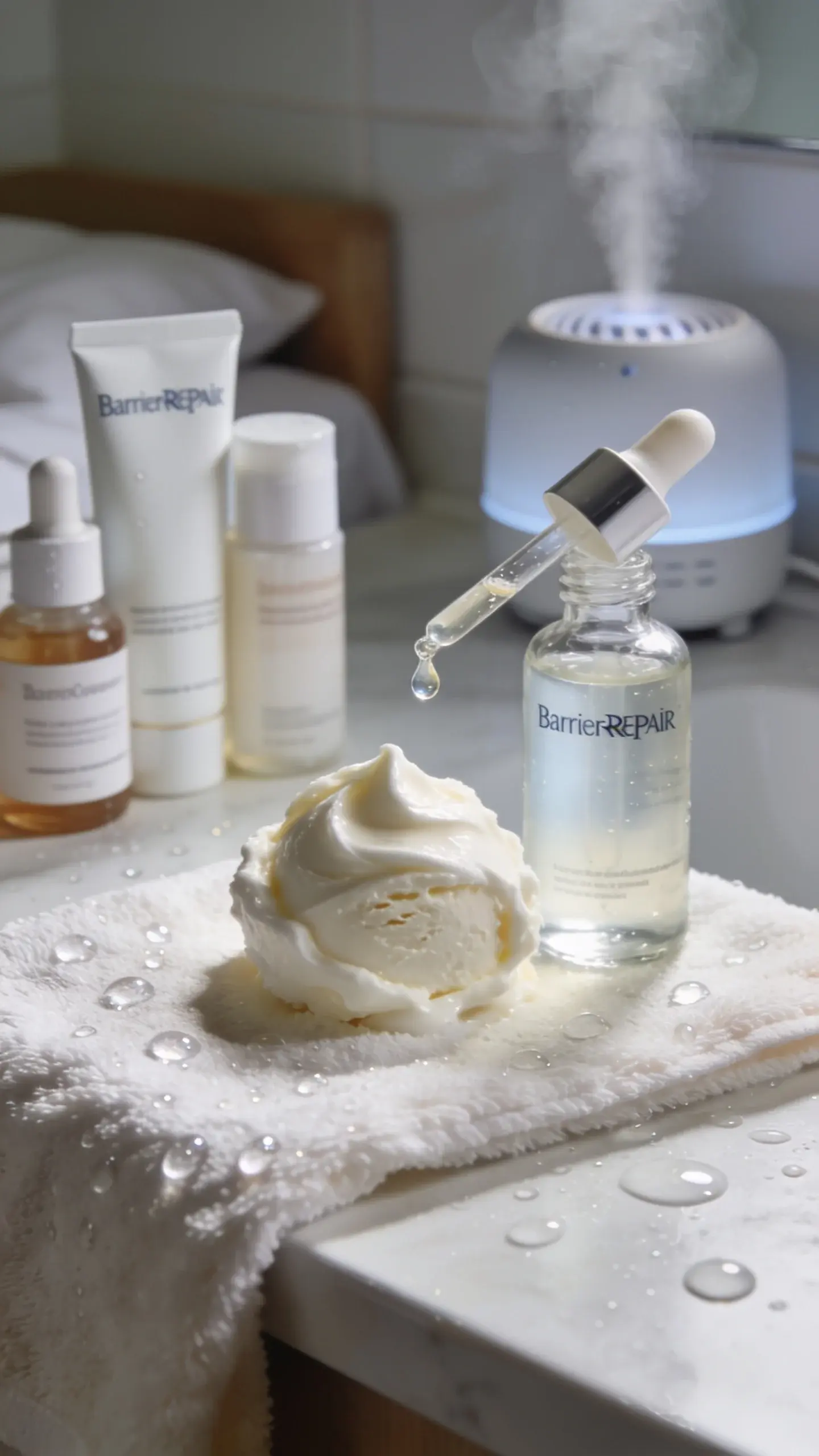 Close-up, macro-style bathroom counter scene with textures: a hand towel, droplets of water, and a lineup of barrier-repair products; front-and-center a scoop of dense, buttery cream with visible ceramide-like richness, beside a translucent hydrating toner in a glass bottle and a viscous hyaluronic/glycerin serum drop suspended mid-air from a dropper; in the background, a small bedside humidifier puffing mist, cool neutral color palette, morning light, crisp detail, no labels, no text.