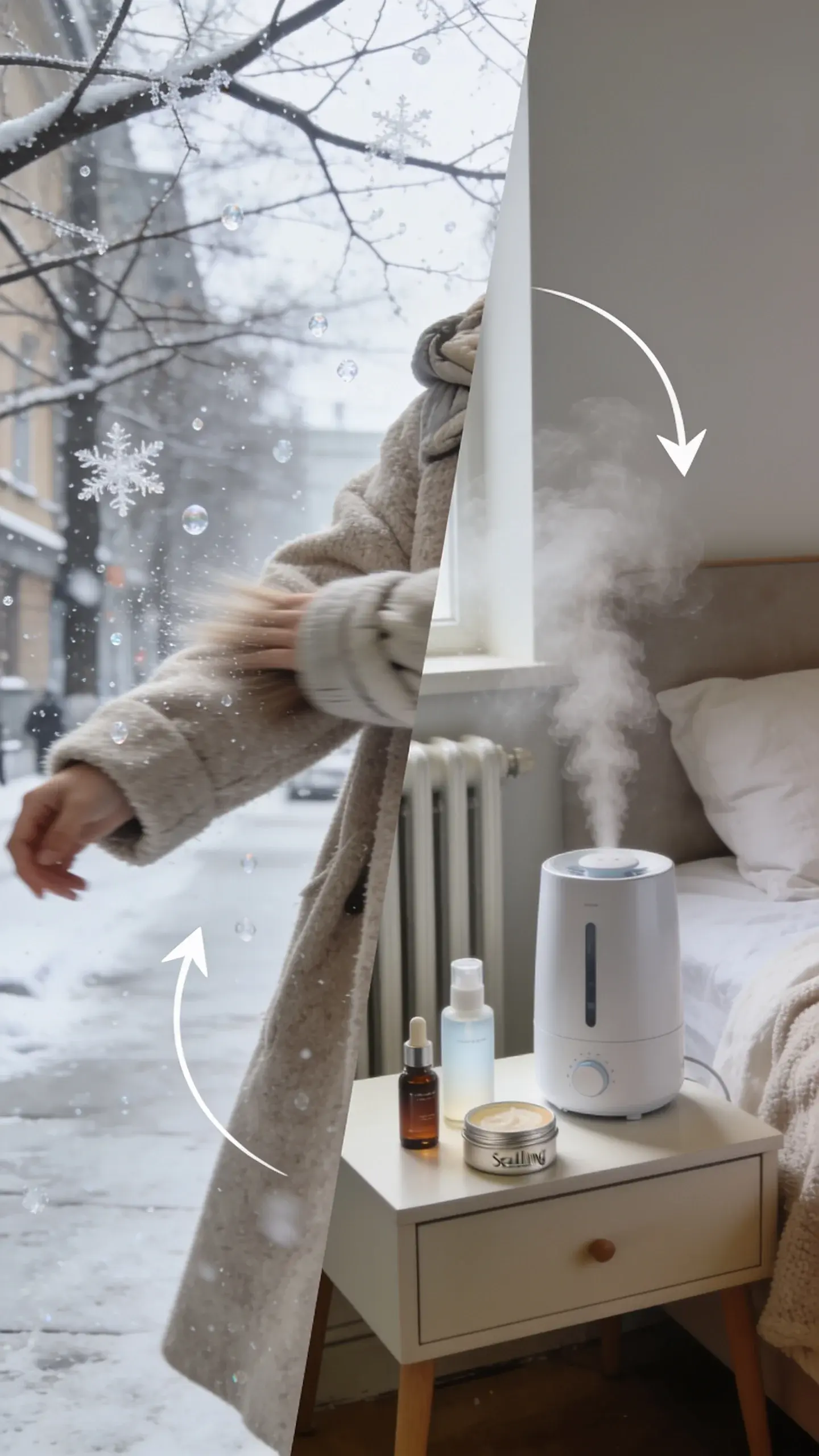Split-scene concept: left side shows an outdoor winter street with bare trees, a person’s bundled arm in a wool coat brushing past, frosty air crystals visible; right side shows a cozy bedroom corner with a misting humidifier, a radiator, and a nightstand holding a layered nighttime routine—toner, serum, and a sealing balm in a tin; subtle arrows formed by composition guide the eye from harsh dry outdoors to protective indoor routine; natural lighting, soft textures, no faces, no text.