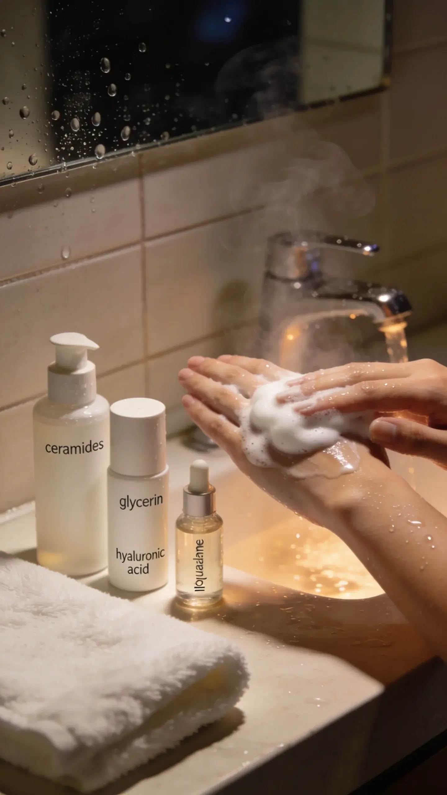 Close-up bathroom sink scene at night: a hand gently massaging a creamy, low-foam cleanser onto dewy skin, with soft steam in the background from a lukewarm tap. On the counter, minimal, elegant bottles labeled only by visible ingredients like “ceramides,” “glycerin,” “hyaluronic acid,” and a small bottle of squalane oil (no brand names). Warm, soft lighting, neutral tiles, a plush white towel, and water droplets on the mirror to evoke gentle, non-stripping cleansing. No text.