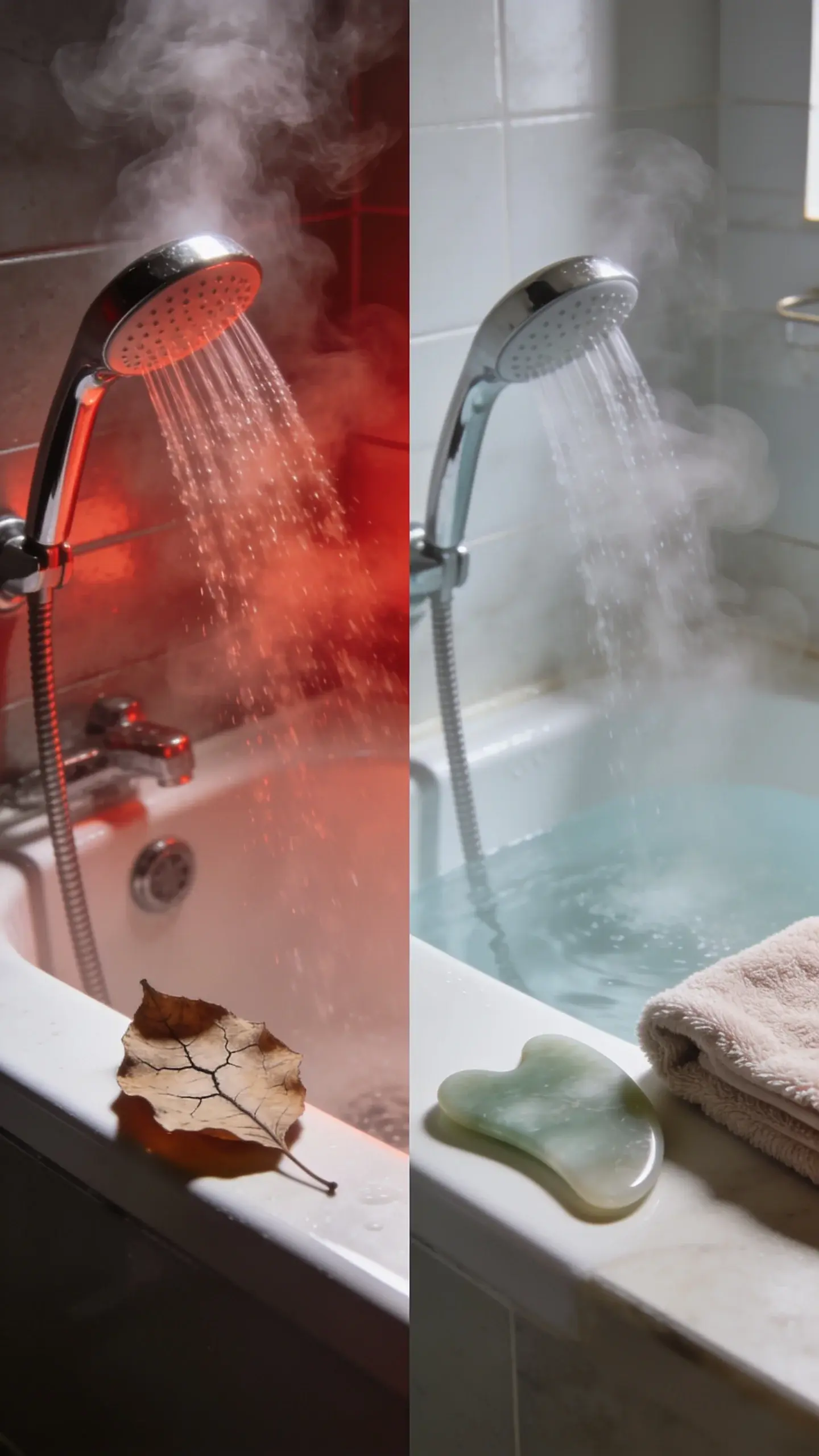 Two-panel style composition: left panel shows a harsh, steamy hot shower head blasting, red-tinted light and a dry, cracked leaf on the edge of the tub; right panel shows a serene lukewarm stream with soft steam, cool neutral lighting, and a smooth jade gua sha and microfiber face towel nearby. Subtle visual contrast communicates “lukewarm, not hot” and skin barrier care, with clean, modern bathroom aesthetics. No text.