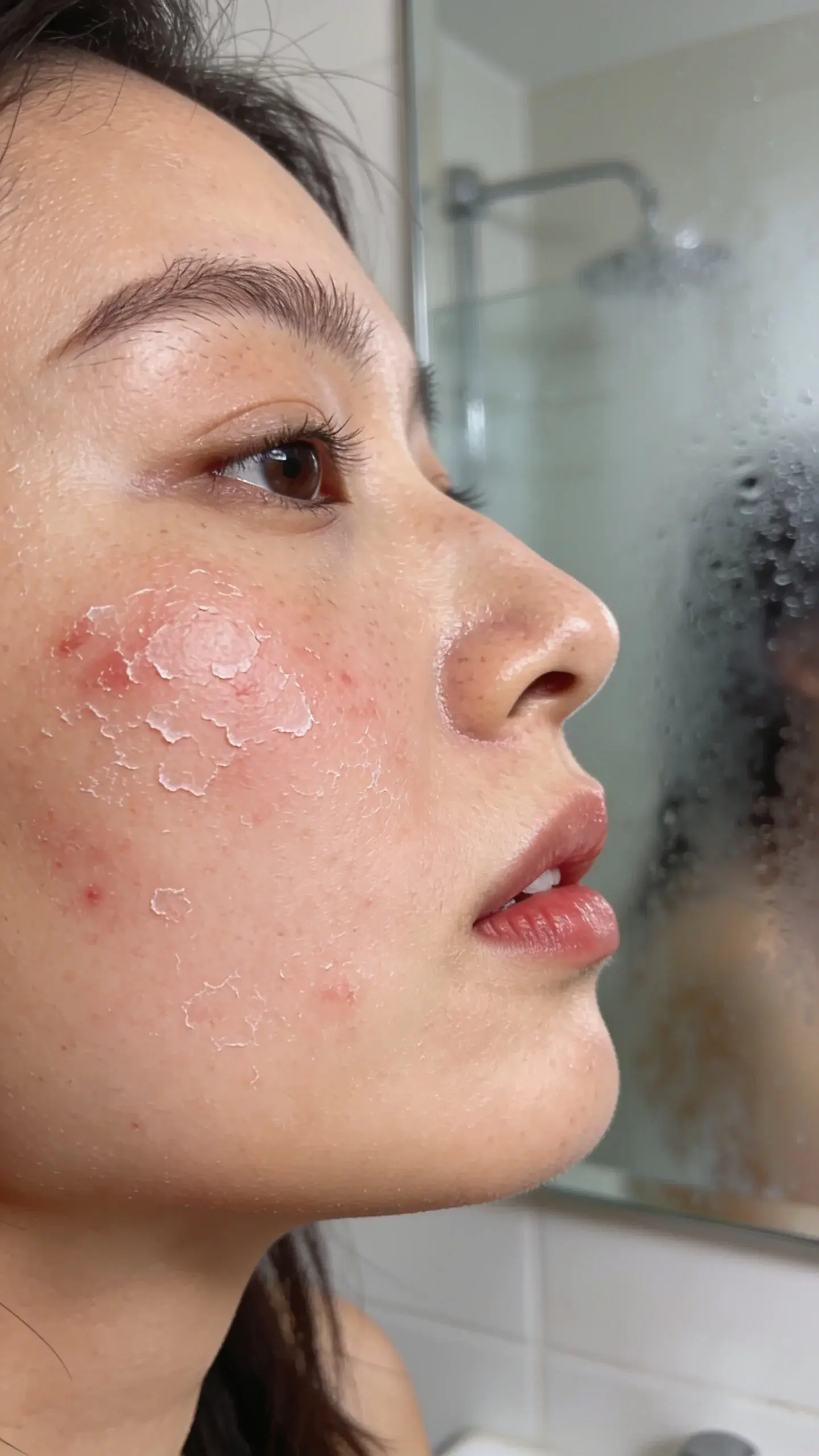 Close-up of a woman’s cheek and lower face in soft natural light, showing visible dry flaky patches and redness on the skin; a minimal bathroom background with a fogged mirror hints at a recent hot shower; neutral, realistic color palette, high-detail skin texture, no makeup, expression slightly concerned; shallow depth of field, 50mm lens look, editorial skincare photography style.